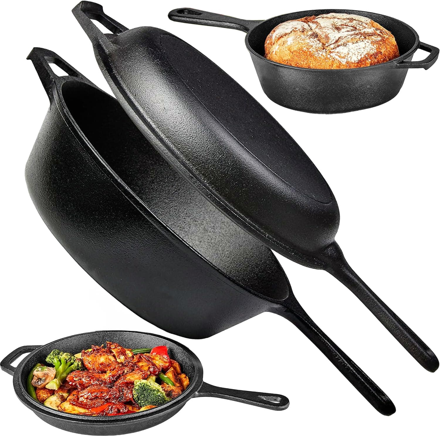 Winsoyya 2-in-1 Cast Iron Dutch Oven Pot with Skillet Lid Set, Dual use Deep Pot + Frying Pan, Kitchen Cookware for Cooking, Bread Baking, Grill, Frying and Camping, 26Cm/10in Black