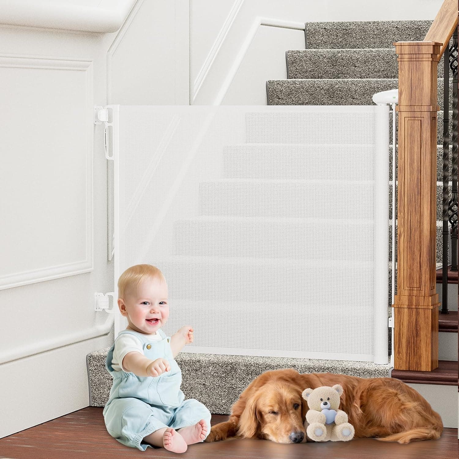 Retractable Baby Gates for Stairs & Doorways, Outdoor Indoor Mesh Dog Gate for Kids or Pet, Extra Wide Baby Gates for Deck, Porch, Hallways, Patio(86 * 140cm)