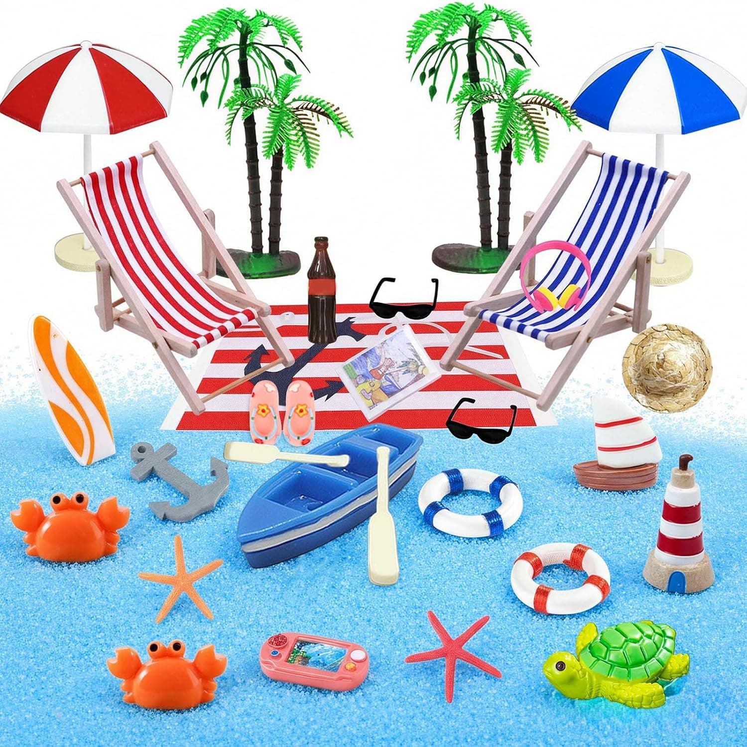 29-Piece Beach Micro Landscape Decoration Set, DIY Micro Beach Landscape with Beach Chair, Deck Chair, Parasol, Lighthouse and Beach Accessories, Miniature Summer Decoration for Dollhouse, Garden