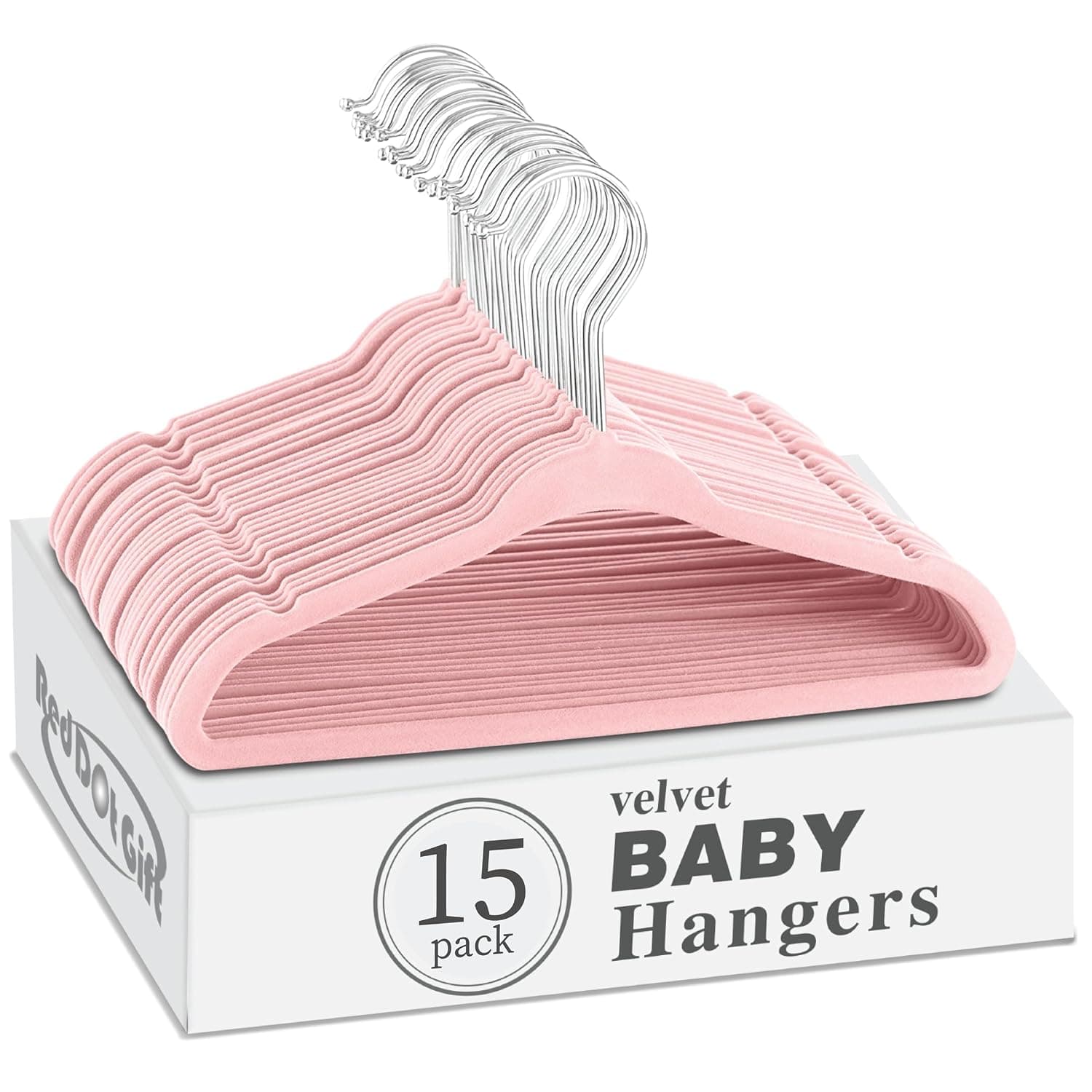 Red Dot Gift® 15-Pack Baby Velvet Hangers 11Inch - Nursery Clothes Hangers Non Slip Toddler Hangers, 360 Chrome Swivel Hook (Pink)