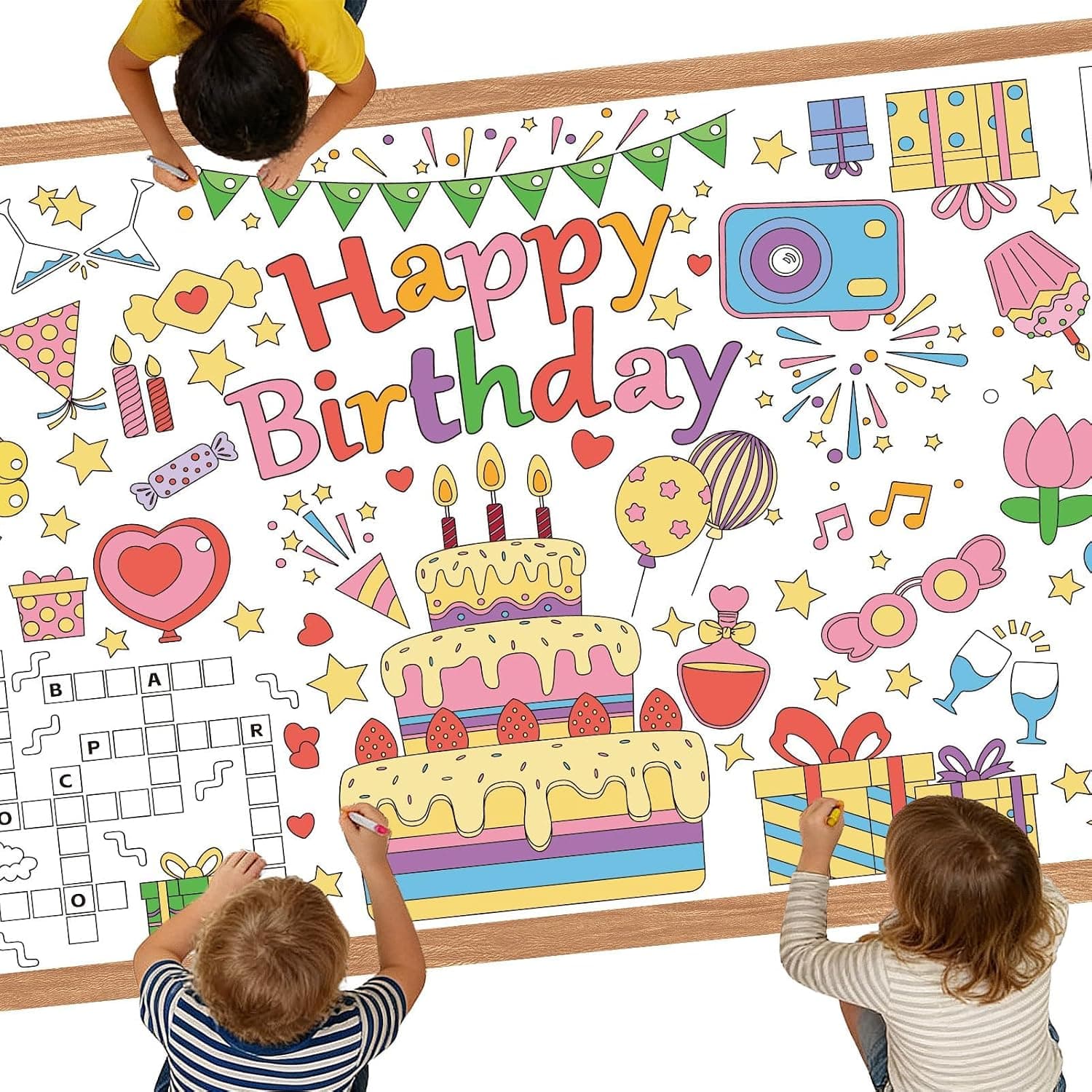 Giant Coloring Poster Tablecloth for Kids Birthday Activity, 30 x 72 Inch Paper Table Cover with Games, Drawing Banner for Classroom, Home Party Crafts and Decorations