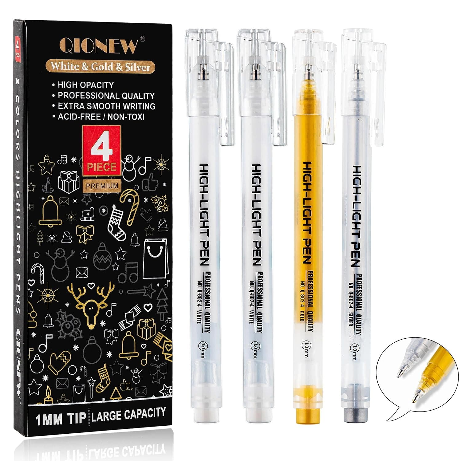 Qionew Gold Silver White Gel Pens,1mm Gel Ink Pen,Opaque Ink Gel Pen,3 Pack | Opaque Ink, Gel Pen for Artists, for Black Paper Drawing, Holiday Crafts, Illustration, Card Making, Bullet Journaling