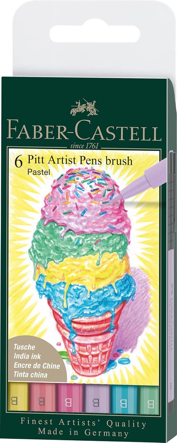 FABER-CASTELL Pitt Artist Pen Brush India ink pen, wallet of 6, Pastel | Water and Light Resistant Drawing Ink, Brush Pens for Artwork and Craft Projects