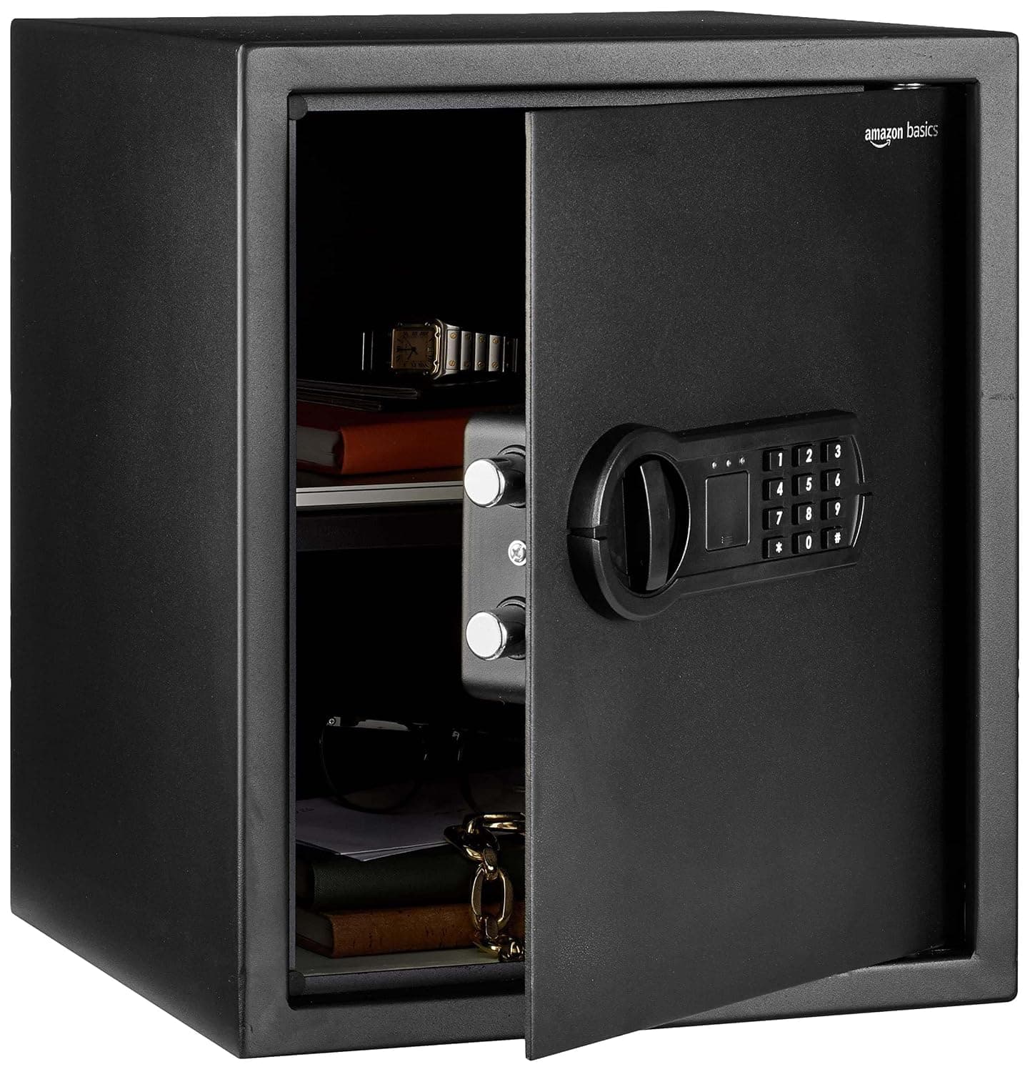 Amazon Basics Steel Home Security Electronic Safe with Programmable Digital Keypad Lock for Jewelry, Money, Valuables Storage, 43 Litres, 35 cm W x 33 cm D x 42 cm H, Black