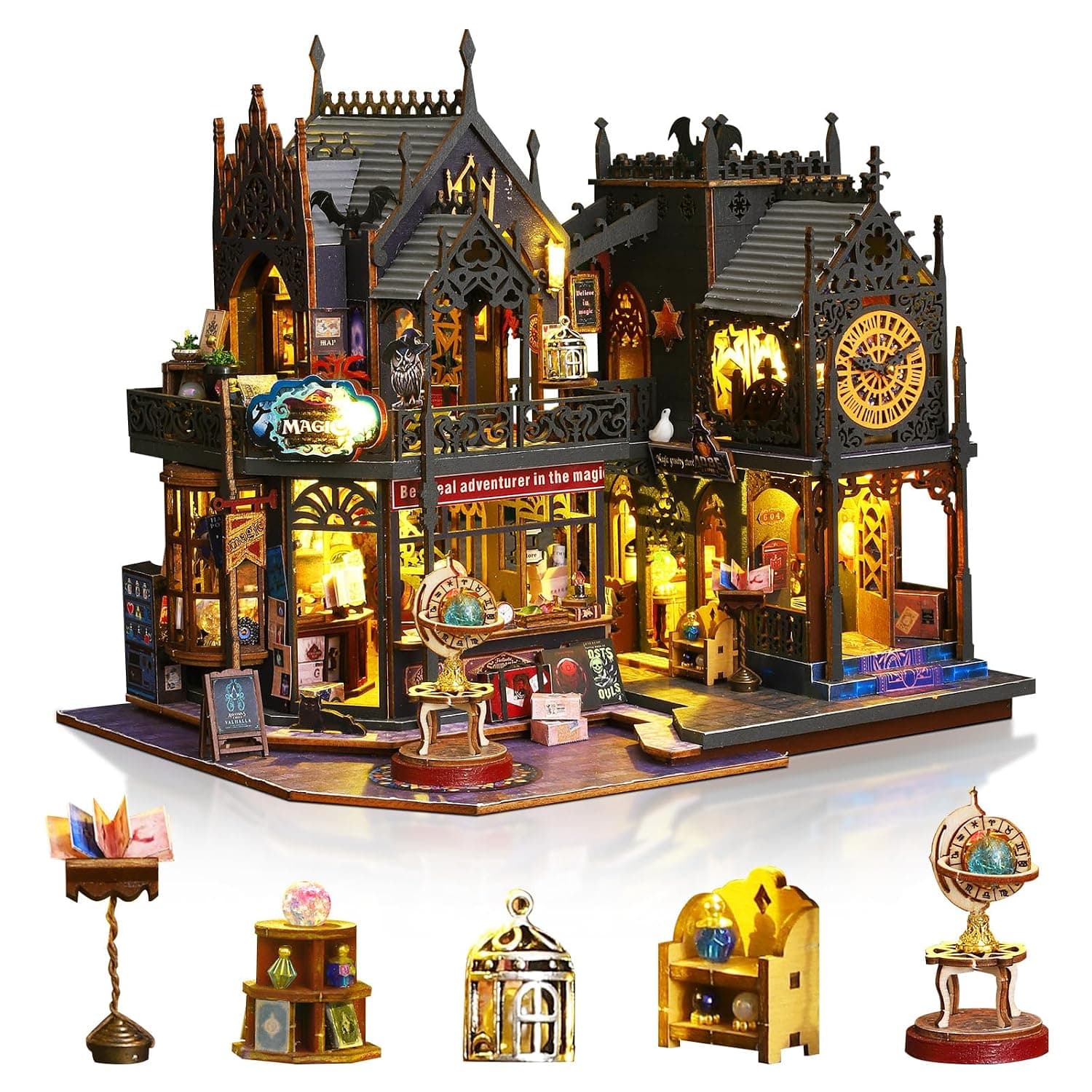 DIY Dollhouse Kit, Miniature House Building Kit with Led for Adult | Magic Castle Tiny Miniature Craft Kit, Ideal Unique Gift for Halloween, Birthday & Christmas Day Hobby Collection