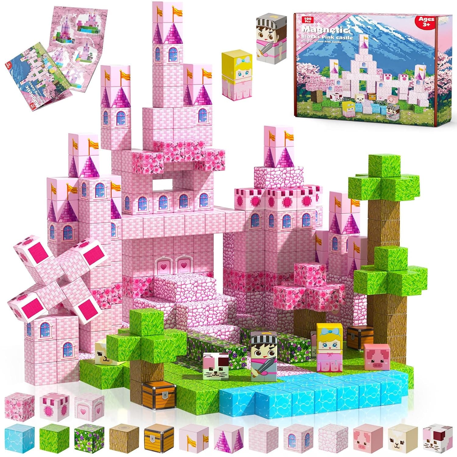 Annexfun Magnetic Building Blocks-100PCS Magnetic Blocks, Building Castle Princess Castle Garden STEM Cubes Construction Toys Toddler Toys, for Kids Ages 3+, Birthday Valentine's Day Gifts for Girls