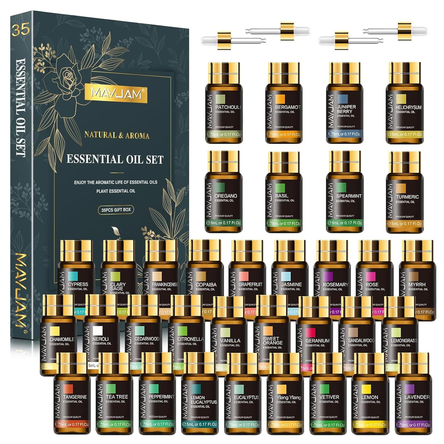 ماي جام مجموعة هدايا الزيوت العطرية 35 × 5 مل، زيوت عطرية نقية لتدليك الموزعين، زيت عطري معطر لصنع الصابون والشموع بنفسك