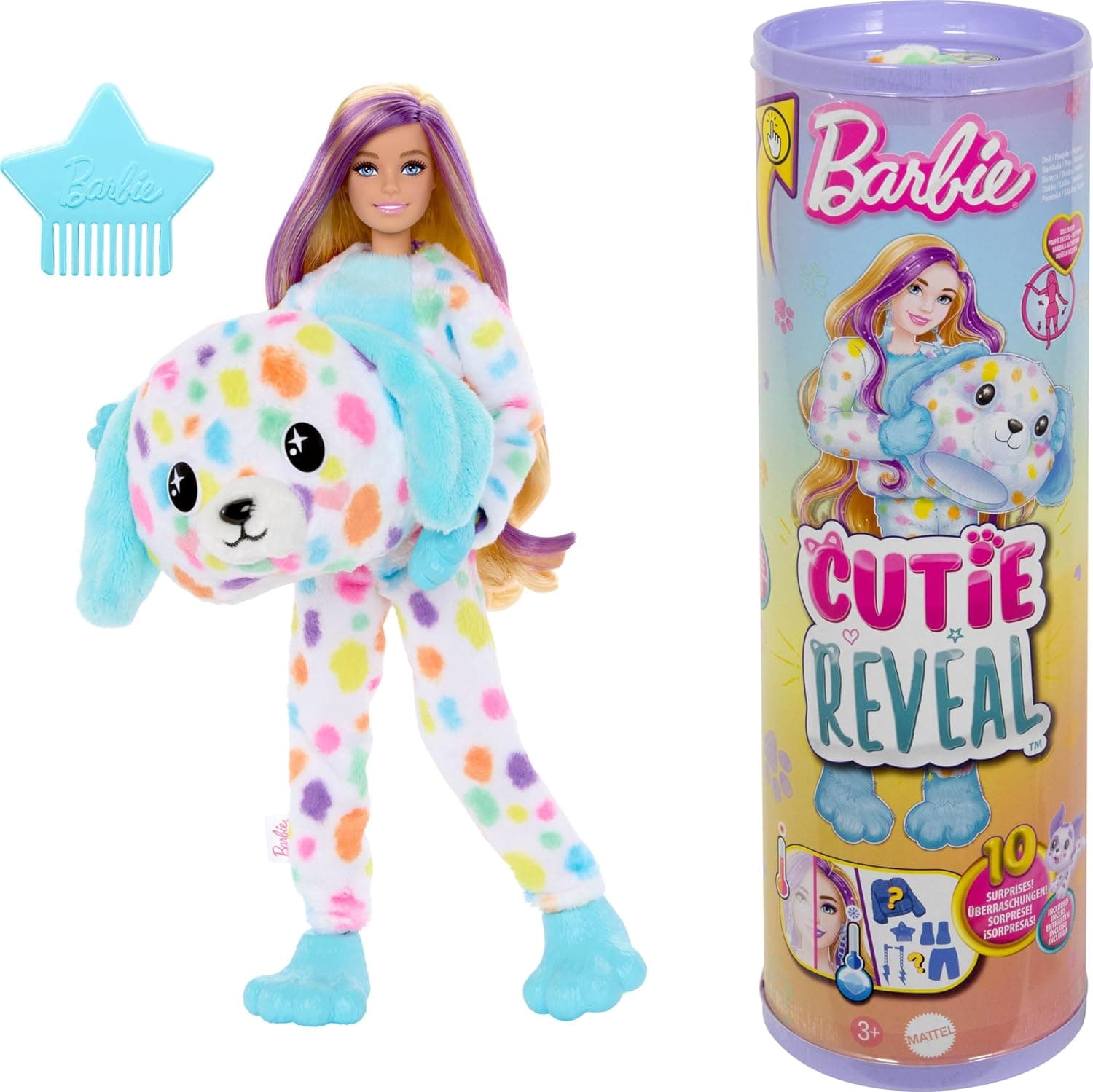 Barbie Cutie Reveal Doll and Accessories, Rainbow Dalmatian Plush Costume and 10 Colour Changing Surprises, Color Dream Range, HRK41