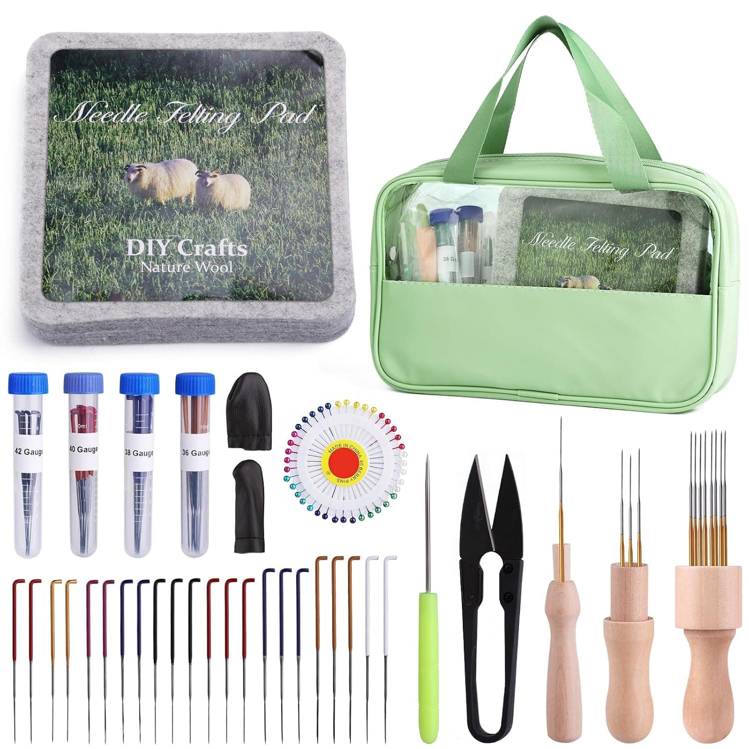 Felting Kit for Beginners and Professionals, 6"x6" Wool Felting Pad with 51 Needles, Finger Guards, Wooden Handle, Scissors, Cleaning Cloth & Storage Bag – Complete DIY Needle Felting Tools Set