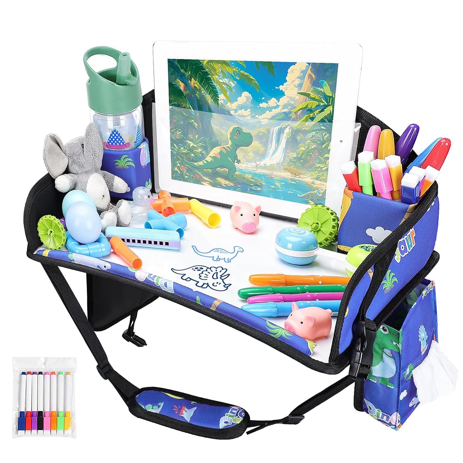 Kids Travel Tray, Travel Tray For Kids Car Seat, Toddler Road Trip Essentials With Drawing Kit, (Blue Dinosaur)