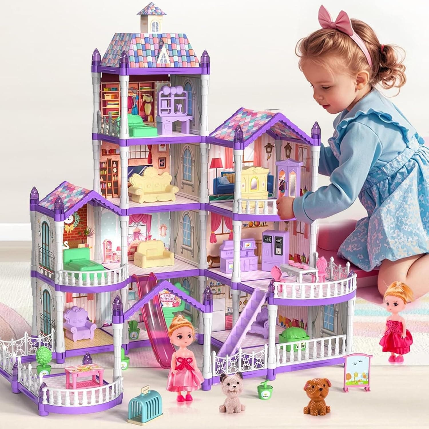 275 Pcs Doll House Building Toys, 4 Story Toddler Playhouse Toy Set with Dolls, Houses & Accessories for 3+ Years Old, Dollhouse Playset Doll House Toys with Lights for Girls 6-12 (Purple)
