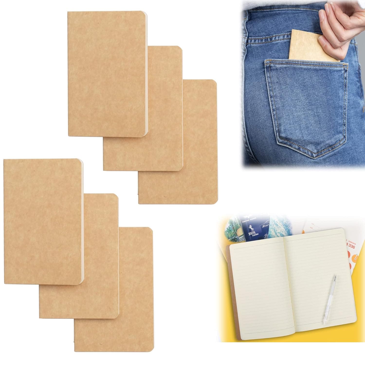 Pocket Notebook, 6 Pack Softcover Mini Notebooks 3.5" x 5.5" Kraft Brown Notebook Small Memo Notepad for Men Women Kids Traveler Author, 30 Sheets,60 Lined Pages, College Student Homework Book