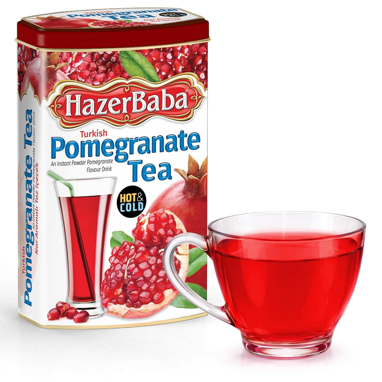 HazerBaba Turkish Pomegranate Tea Powder Instant Drink, 8.8oz (Pack of 1) | Water Flavoring Tin Drink Mix Box, Cold Ice Tea, Hot Sweet Tea Beverage, Water Enhancer, Pomegranate Juice Box, Caffeine Free