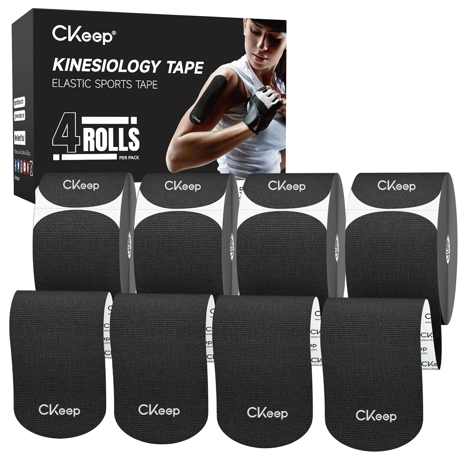 CKeep 4 Rolls Kinesiology Tape, Original Cotton Elastic Athletic Tape, 20 Pre-Cut Strips 10" Each, Black, Ideal for Muscle Support and Injury Prevention
