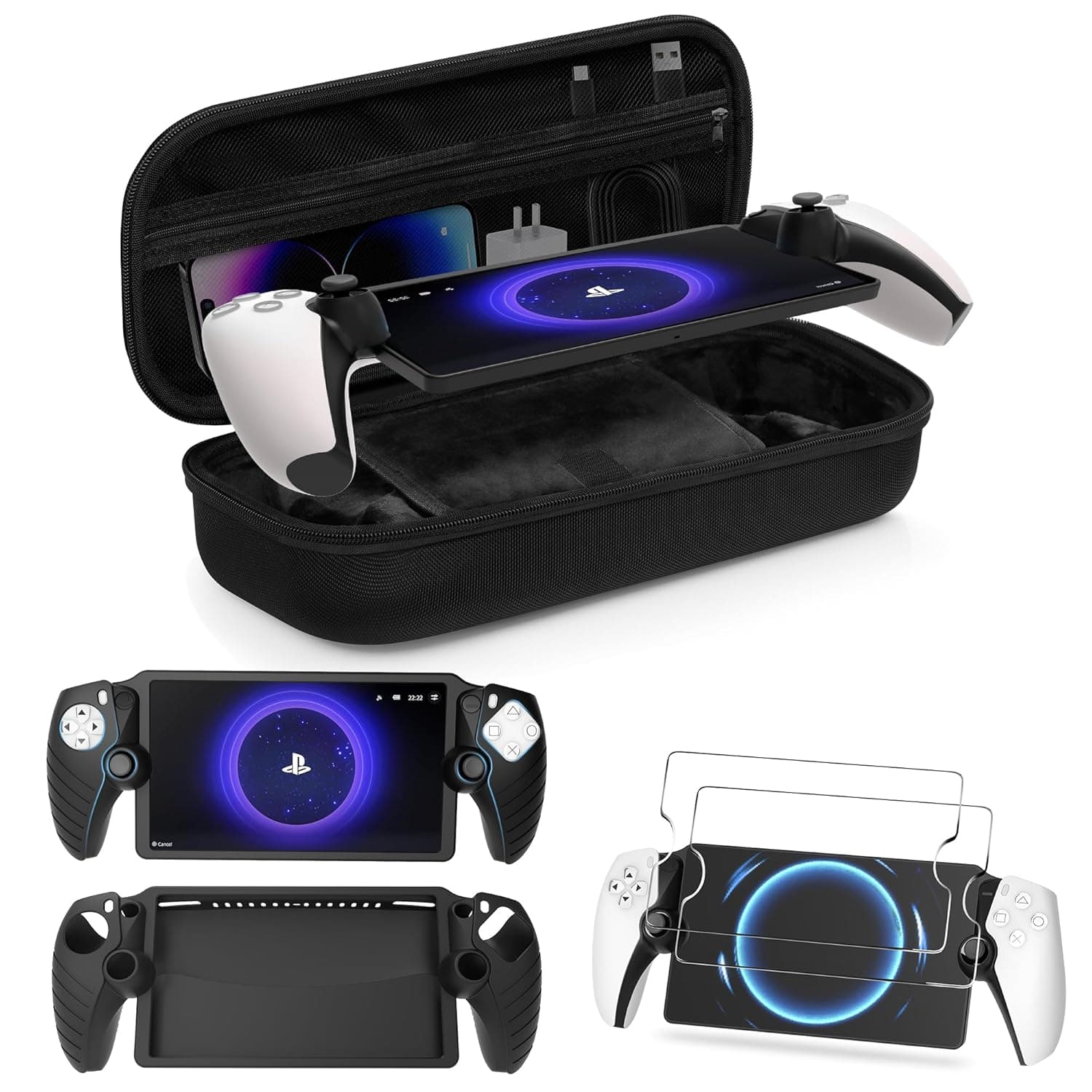 Kuject 3 in 1 Accessories Bundle for Playstation Portal, EVA Carrying Case for PS5 Portal, Soft Silicone Protective Cover, 2 Pack Screen Protector, Accessories for Playstation Consoles, Black