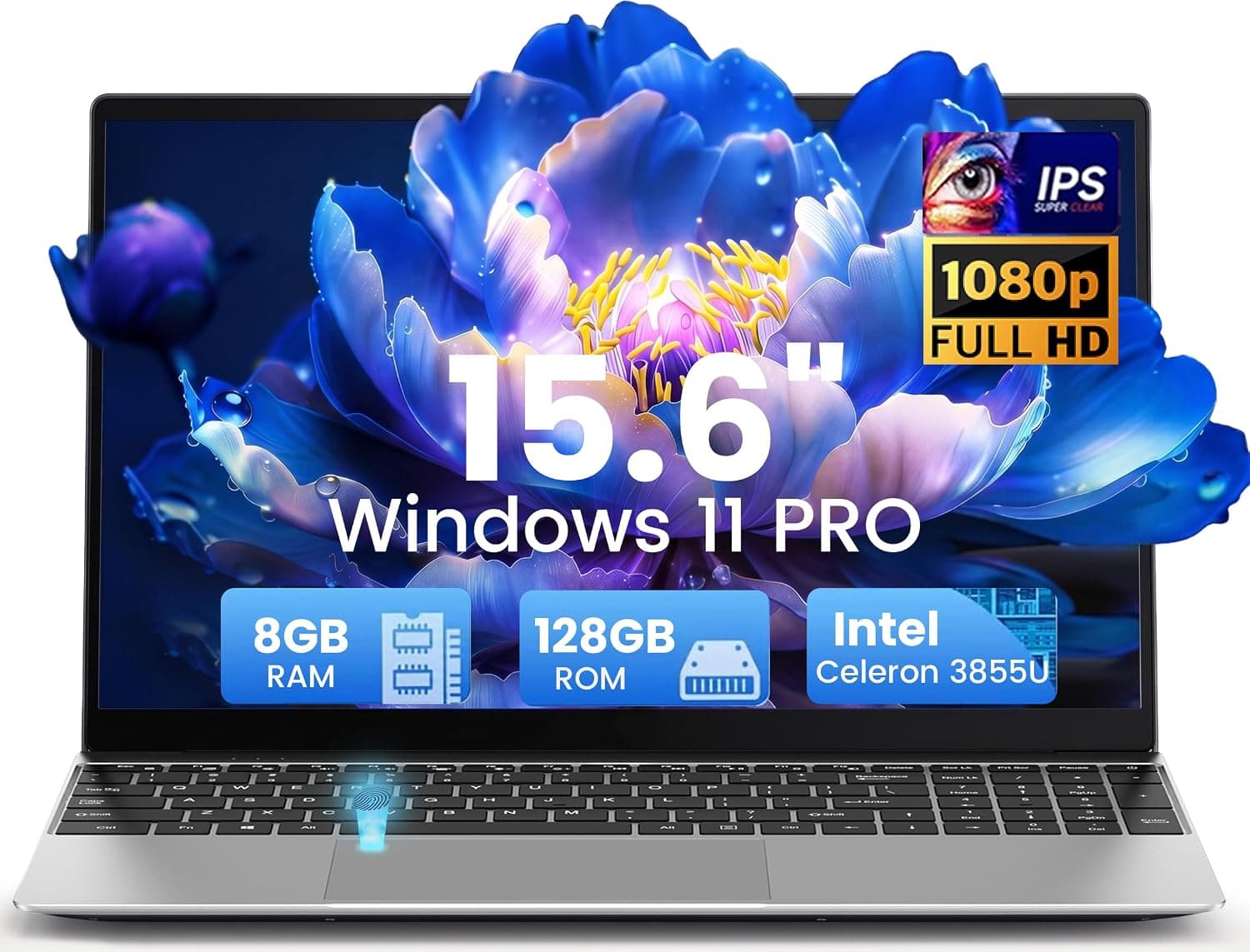 15.6" Laptop Win 11 Pro, 8GB RAM 128GB SSD, 1080P FHD Display, 3855U Processor, Backlit Keyboard, Fingerprint Reader, USB3.0, 5000mAh Battery, Portable Computer for Business & School
