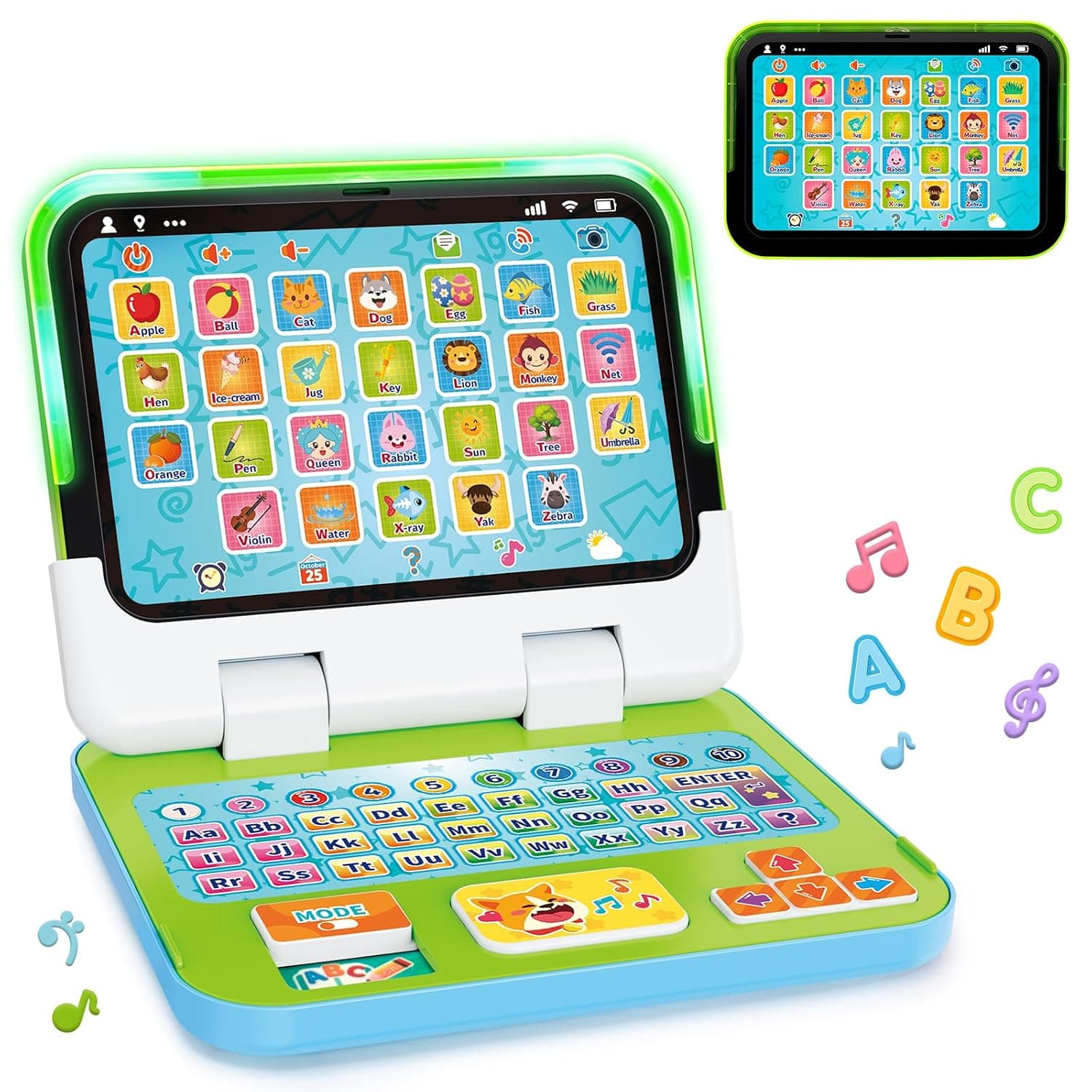 Learning Toy for Kids 1 2 3 Year Old Boys Girls, Learning Laptop for Toddlers 1-3, Interactive Educational Toys with Music Sounds Lights, Christmas Birthday Gifts for Baby Kids Age 12-18 Months, Green