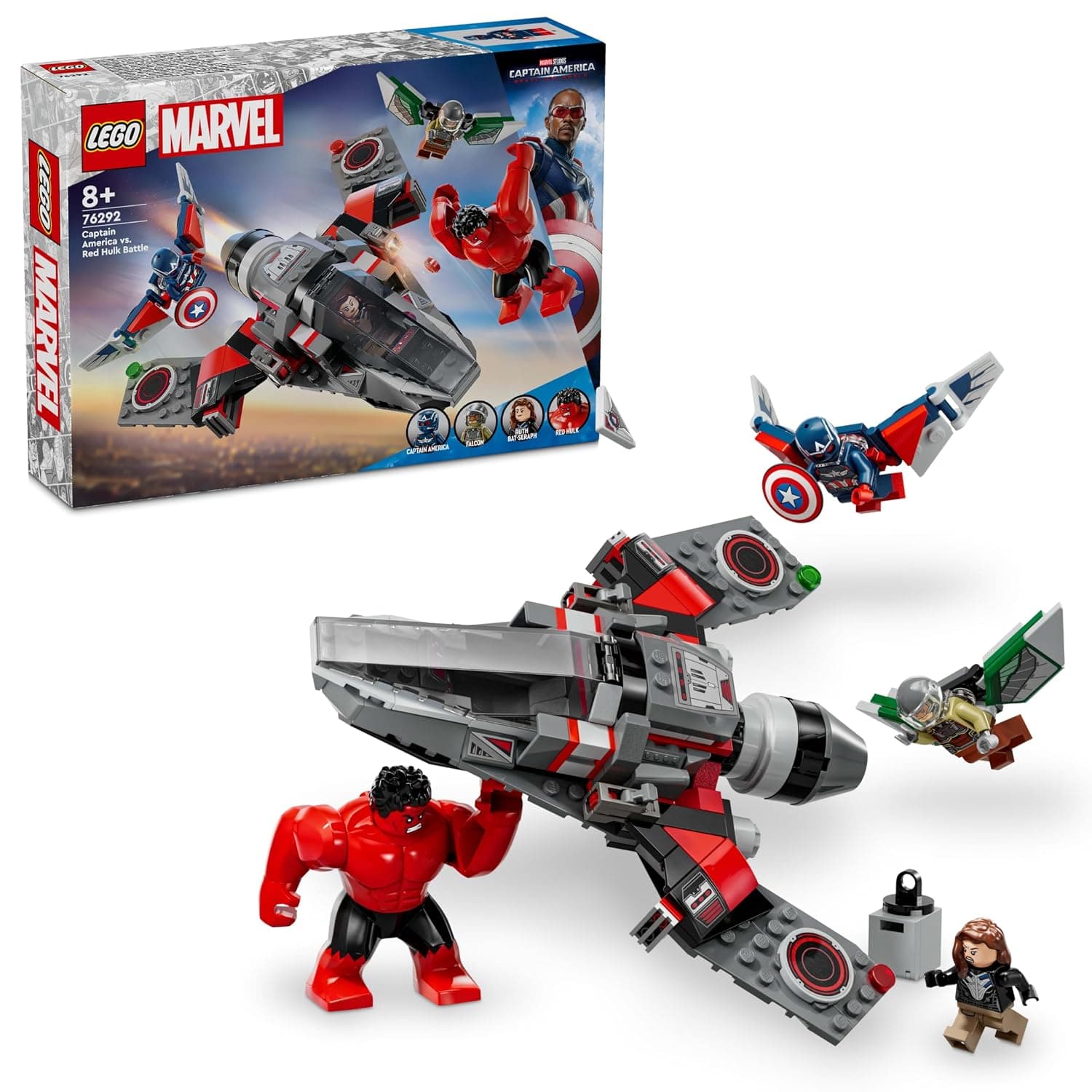LEGO Marvel Captain America vs. Red Hulk Battle Set, Plane Building Toy with 4 Super Hero Minifigures Including Red Hulk and Falcon, Avengers Gifts for 8 Plus Year Old Boys & Girls 76292