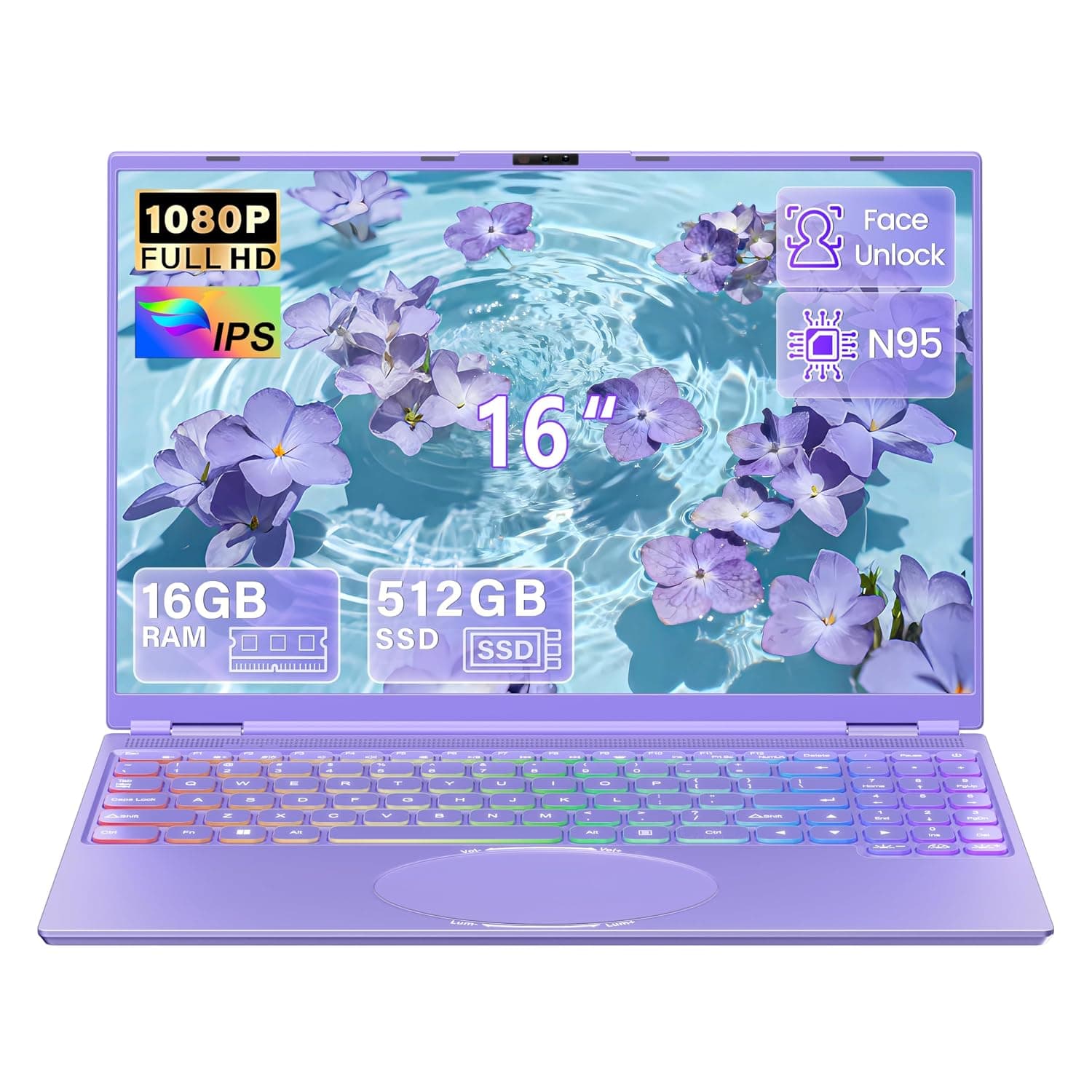16 Inch FHD Laptop Purple, 512 GB SSD, 16 GB DDR4 RAM, Quad-Core N95 Processor up to 3.4 GHz (Beat N5095 N4120), Face Unlock, Colour Keyboard, HDMI, USB 3.0, Type-C, WLAN, 5000 mAh Notebook
