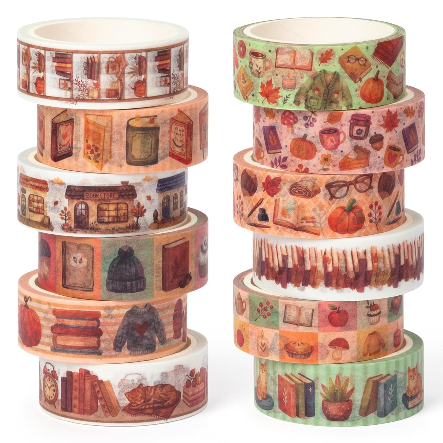 12 Rolls Autumn Reading Washi Tape for Journals Reading Logs | 5M/16.4FT Per Roll Easy Hand-Tear No Scissors Non-Toxic Safe for Scrapbook Gift wrapping Fall Card Decor