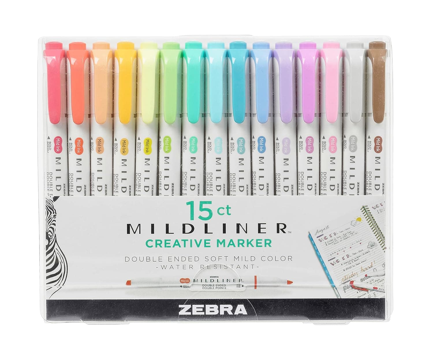 Zebra Pen Dual Tip Highlighter Pens, Pastel Highlighters Pens For Adults, Broad & Fine Tip Markers & Highlighters For Convenience, Double Ended Mildliner Highlighters, 15 Pk - Assorted Colours