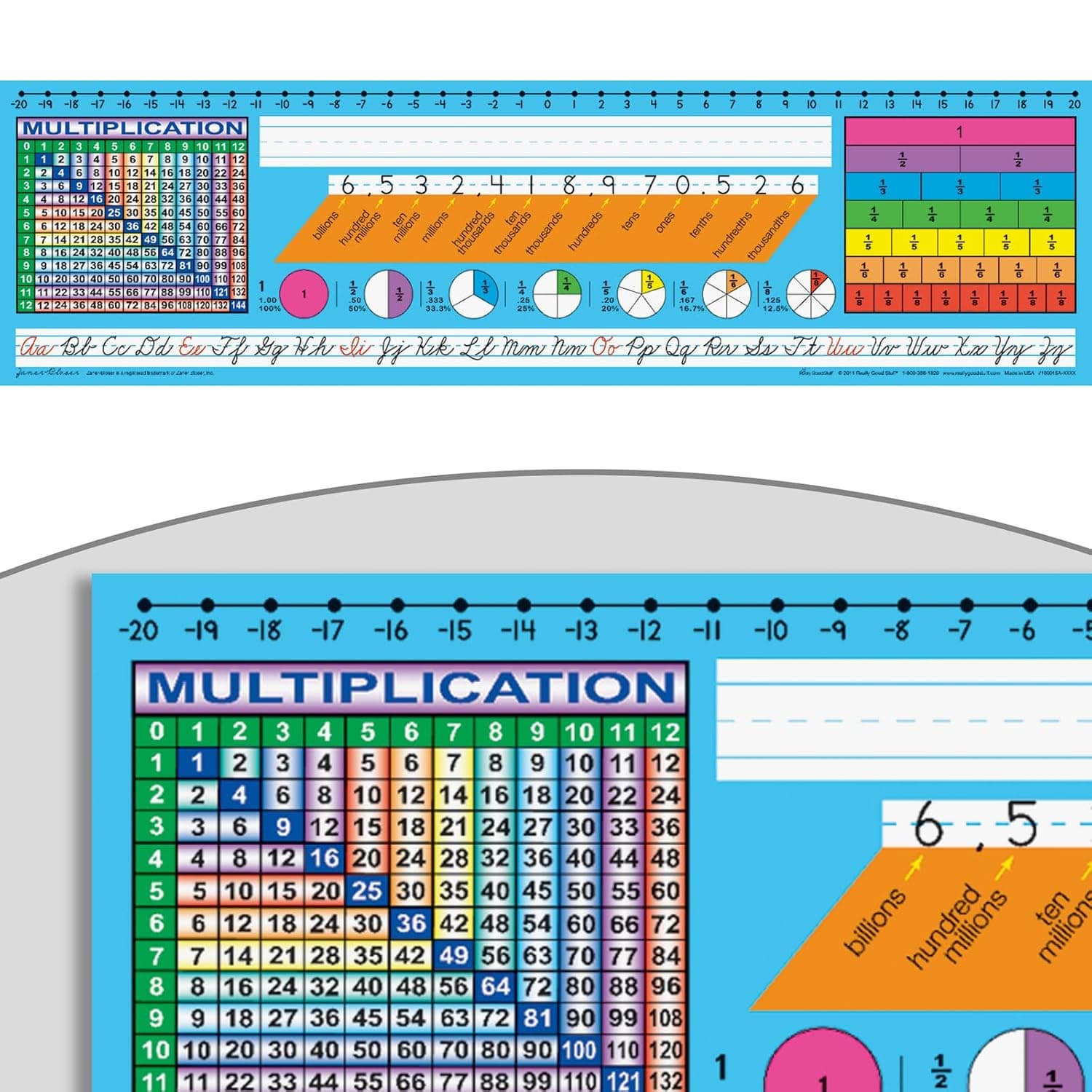 Really Good Stuff Zaner-Bloser Cursive Self-Adhesive Vinyl Desktop Reference Nameplate with cursive letters, a number line, fractions, decimals, percents, place values and multiplication - Set Of 24
