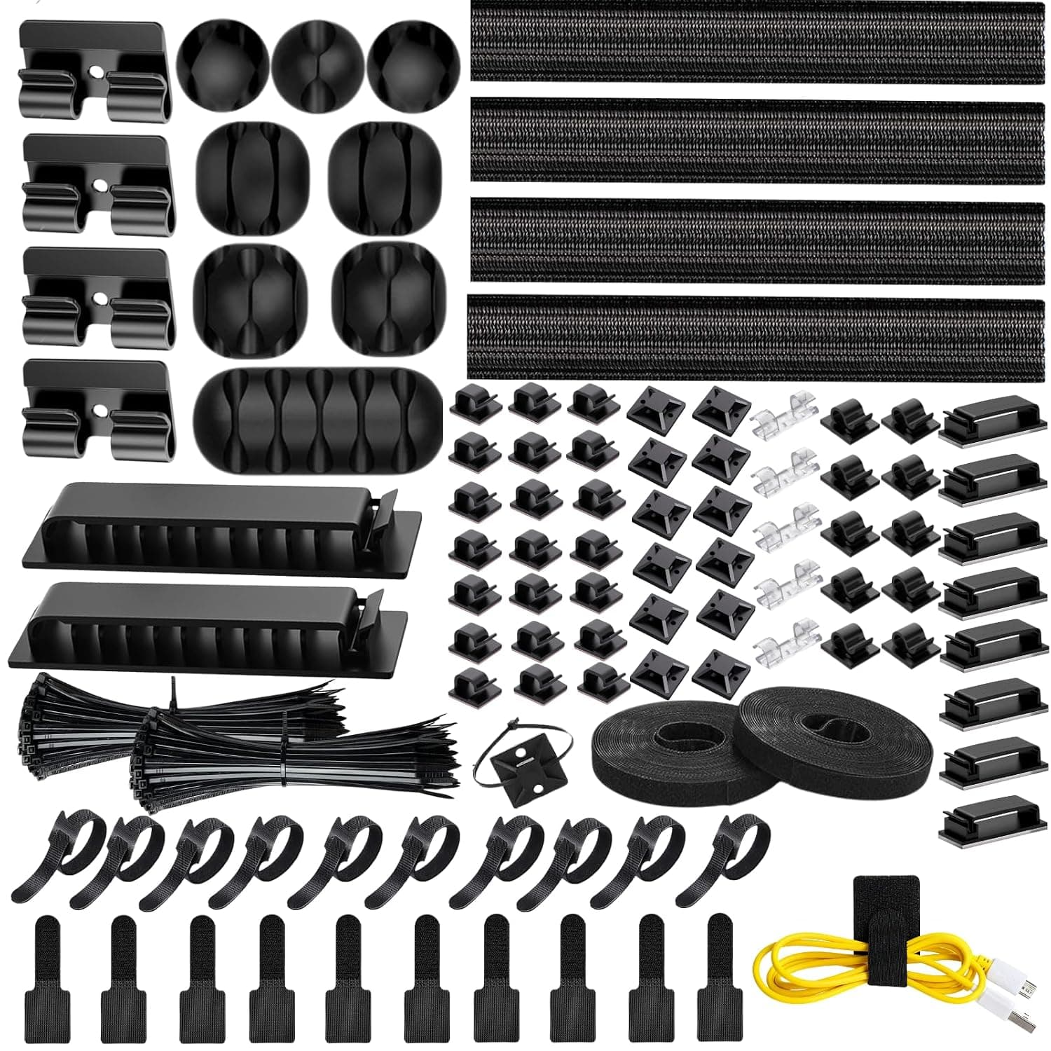 [313Pcs] Cable Management Kit by Topavatop, إدارة الكابلات Desk Cord Organizer, 67 Adhesive Wire Clips, 4 Cable Sleeves Split, 22 Reusable Cable Strap, 200 Nylon Cable Zip Ties for TV Office, Black
