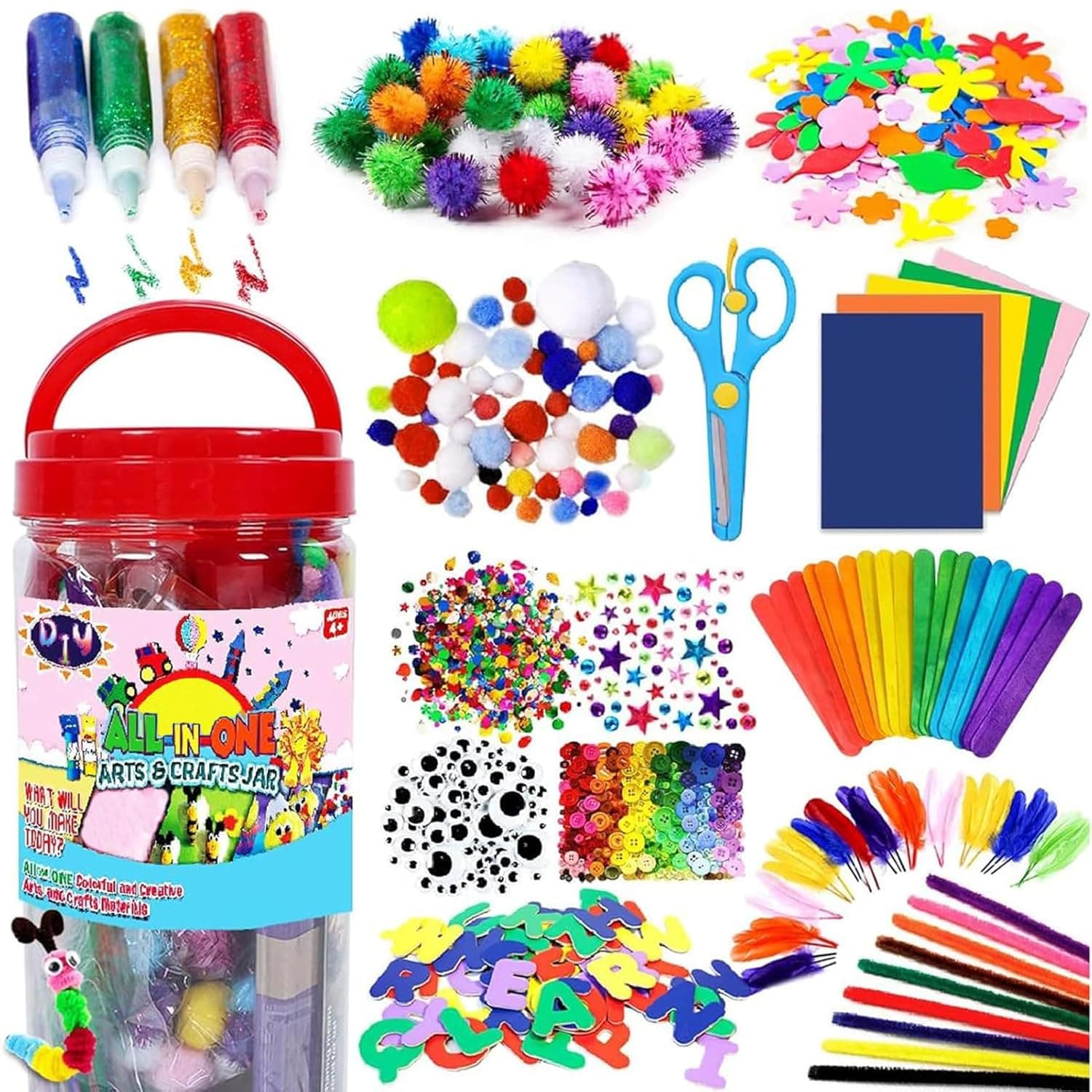 Andtooy Arts and Crafts Supplies for Kids, 560+ Pcs Included Pipe Cleaners Craft, Glitter Glue, Pom Poms, Feather, Make Bracelets & Necklaces, DIY Art Supplies Jar Kit, Preschool Homeschool Craft Set