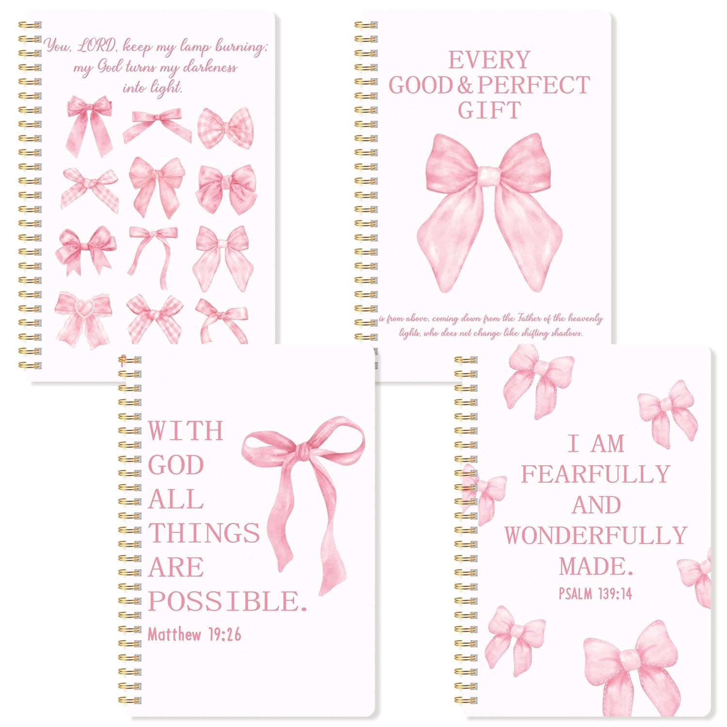 CNhoqc 4pcs Pink Coquette Aesthetic Notebooks, Inspirational Bible Bow Theme Spiral Journal Notebook, Pink Bow Watercolor Aesthetic College Hardcover Spiral Notebooks for School Stationery Supply