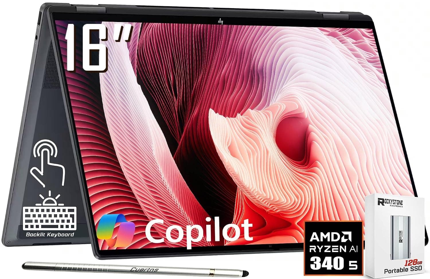 HP OmniBook X Flip 2-in-1 Copilot+ AI PC Laptop, 16" 2K Touchscreen, AMD 6-Core Ryzen AI 5 340(>Intel i5-13420H), 16GB LPDDR5X, 512GB SSD, 5MP IR Webcam, Backlit KB, W/128GB PSD&Stylus, Win11 Home
