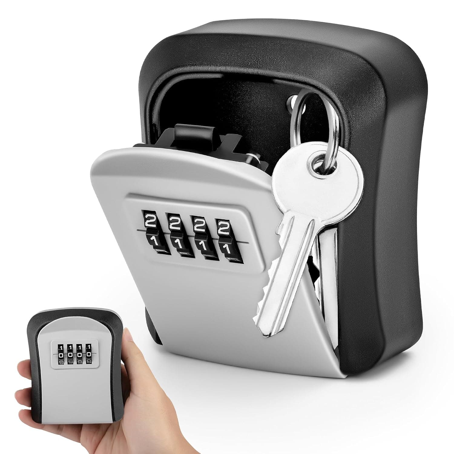 Key Lock Box, Wall Mounted, 4 Digits Combination Keybox, Gray | Water Resistant, Password Reset, ABS Plastic, for Storage Spare Keys, Outdoor, Home, Office, Garage, Garden