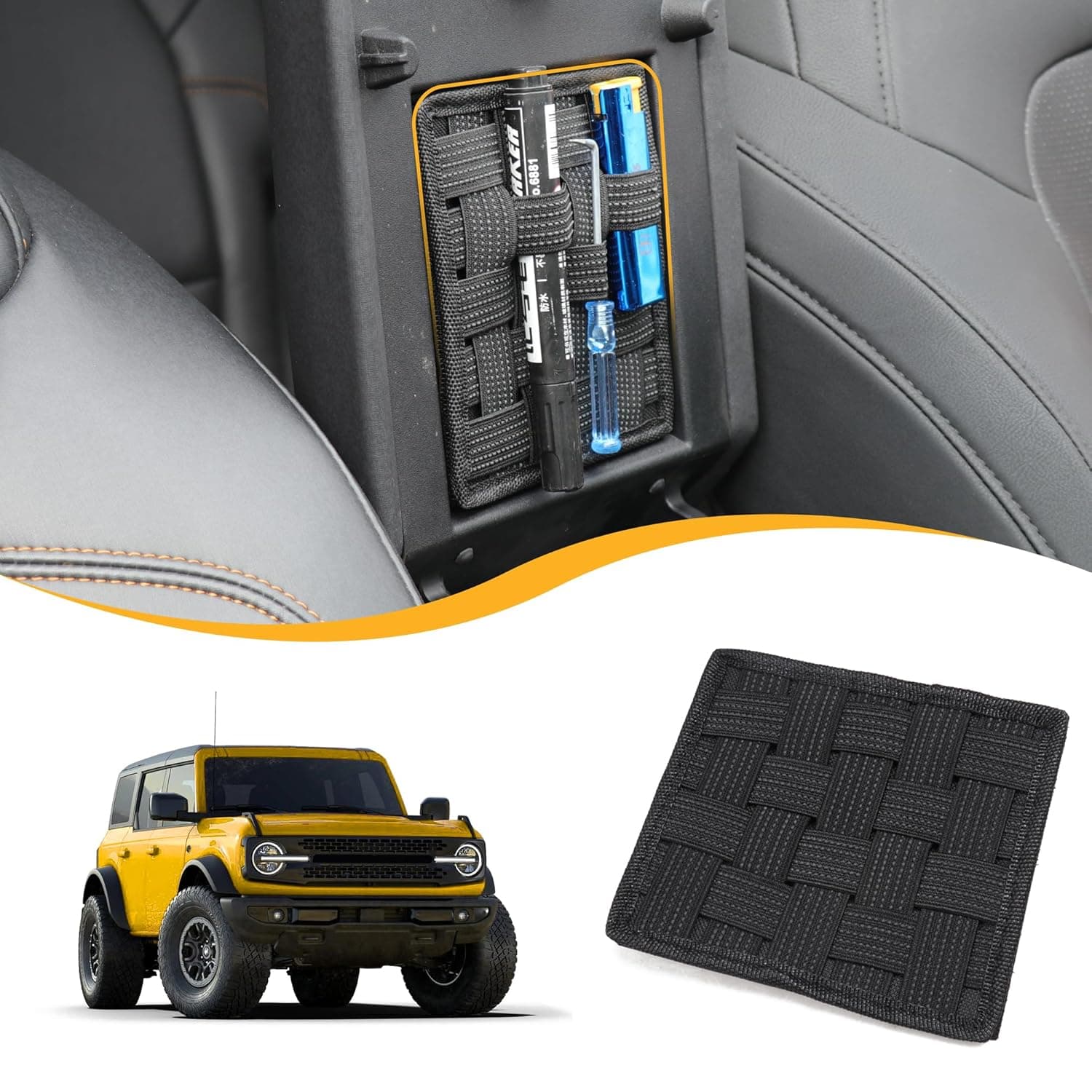 Center Console Organizer Storage Compatible with 2021 2022 2023 2024 2025 Ford Bronco 2/4 Door Interior Accessories Armrest Tactical Webbing Molle Panel, 1 Pack Black