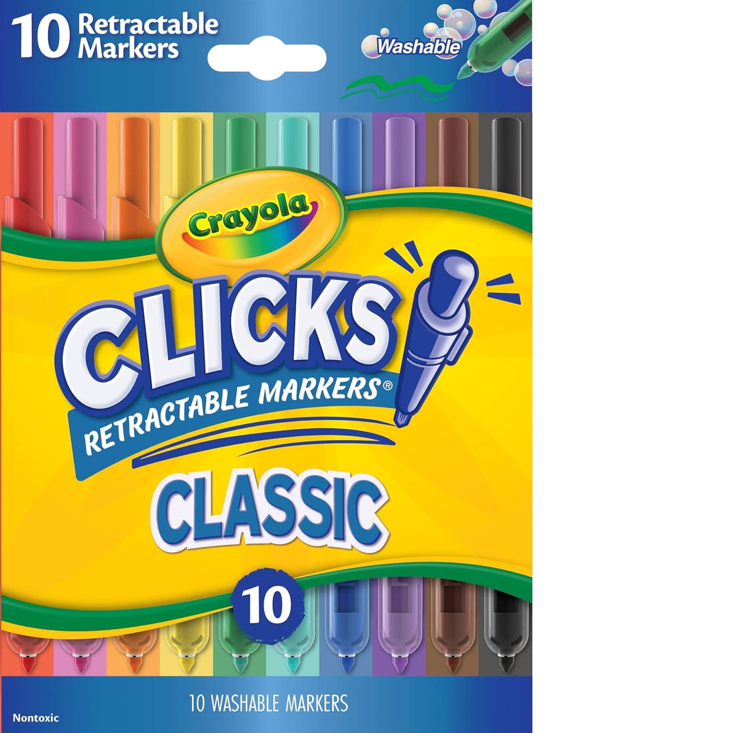 Crayola® Washable Markers With Retractable Tips, Conical Tip, Assorted Colors, Pack of 10 Markers