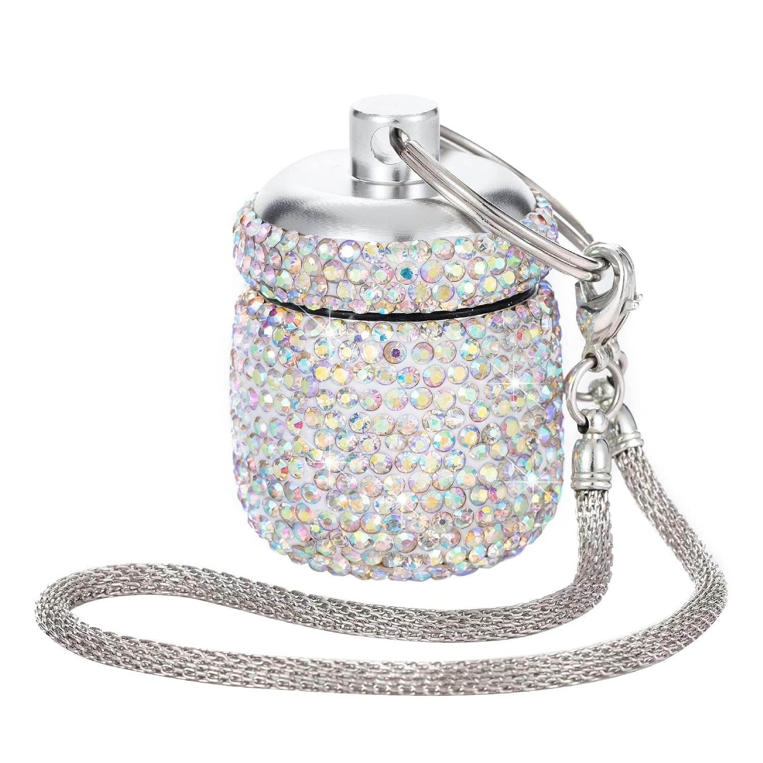 AB Diamond Small Pill Organizer Medication Lock Box Cute Pill Case for Purse Jewelry Ring Holder with Keychain Medicine Storage for Vitamin Supplement