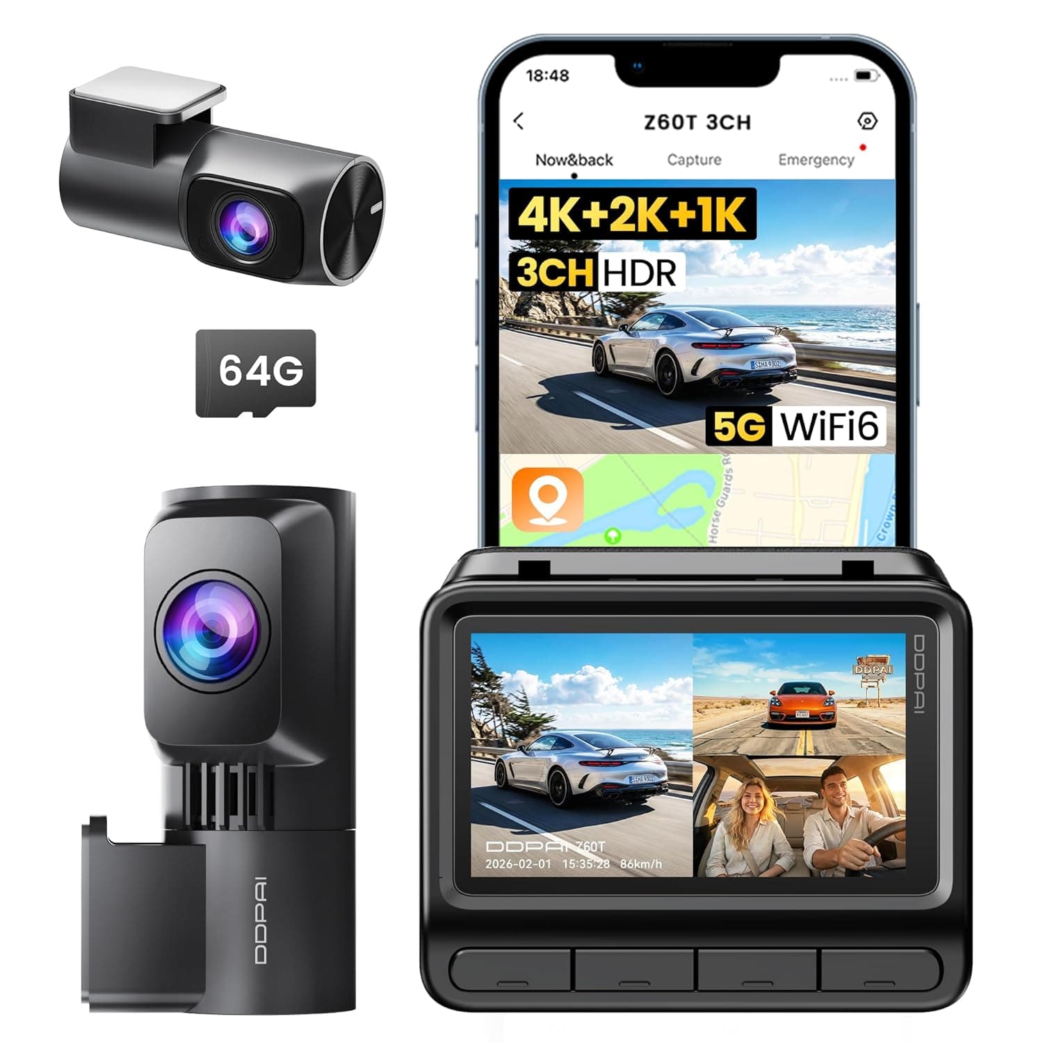 DDPAI 4K+2K+1080P 3 Channel Dash Cam Front+Inside+Back Dashcam, 64G Card Included, 3CH HDR Car Camera, 3" IPS, 5G WiFi6, GPS, 2K/60FPS, AI ISP Night Vision, 24H Parking Mode, Supercapacitor, Z60T