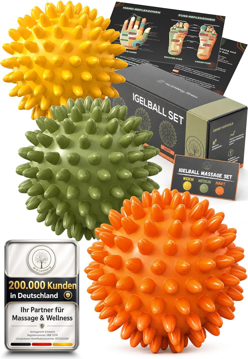 M.S.Lemberg Hedgehog Ball Set - Massage Ball 3 Hardness Levels - Soft to Hard | Foot massage and relaxation - for hand, back, neck and foot - reflex zones, small nub ball, ball with nubs and gift