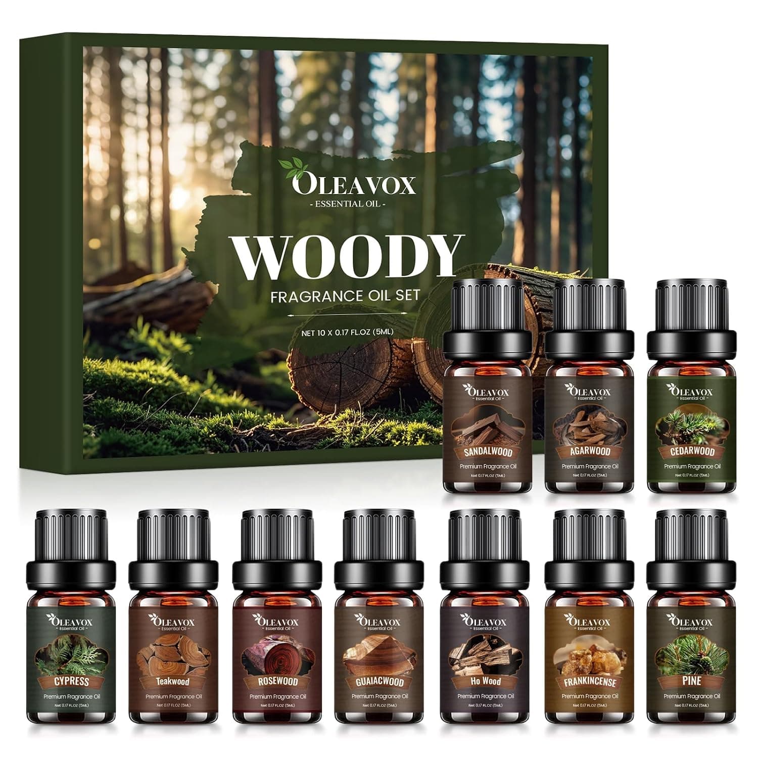 Woody Essential Oils Gift Set, 10x５ML Premium Wood Fragrance Oil　for Candle & Soap Making, Diffuser, Sandalwood, Teakwood, Forest Pine, Cedarwood, Cypress and Frankincense More Aromatherapy Oils | Candle & Soap Making, Sandalwood, Teakwood, Forest Pine, Cedarwood, Cypress and Frankincense More 10x5 ML Aromatherapy Oils