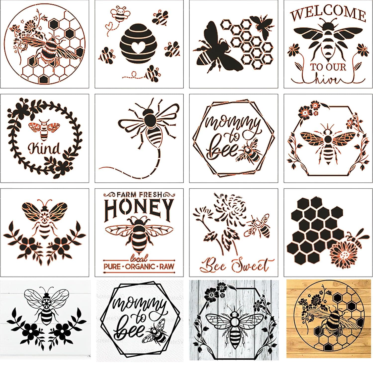 Bees and Honeycomb Paint Stencils - 12Pcs Different Templates for Painting Spraying, Sponge Roller Painting, Crayon Drawing, DIY Craft (15 x 15cm)
