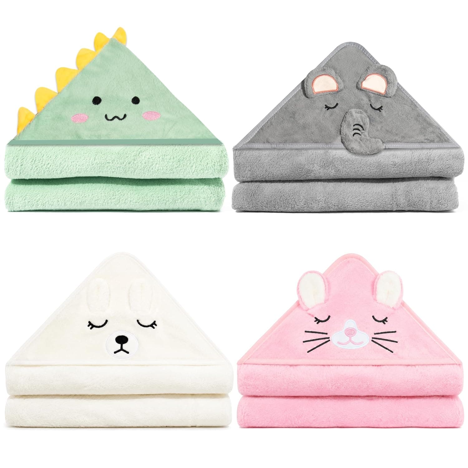 Set of 4 Baby Bath Towel Set, Soft Hooded Bath Towel with Animal Face, Coral Fleece Multifunctional Children's Bath Towel for Bathrobe, Beach Towel, Blanket, Sleeping Bag for Boys and Girls