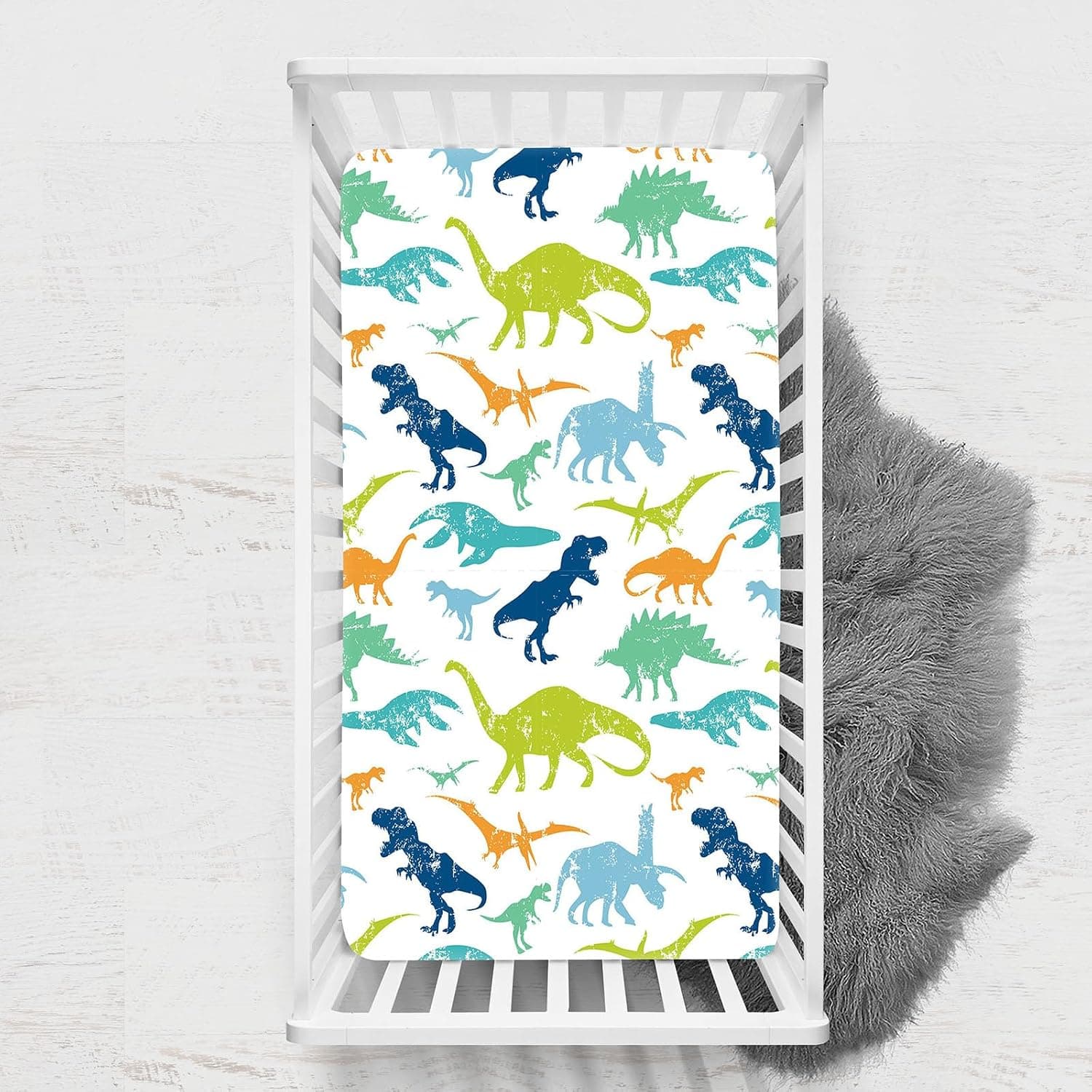 Odot Baby Bed Sheet, Dinosaur Print Children's Bed Sheets, Breathable Soft Stretchy Mattress Protector for Baby Crib, Cot Bed Umbrella (White, 3.3 x 75 cm)
