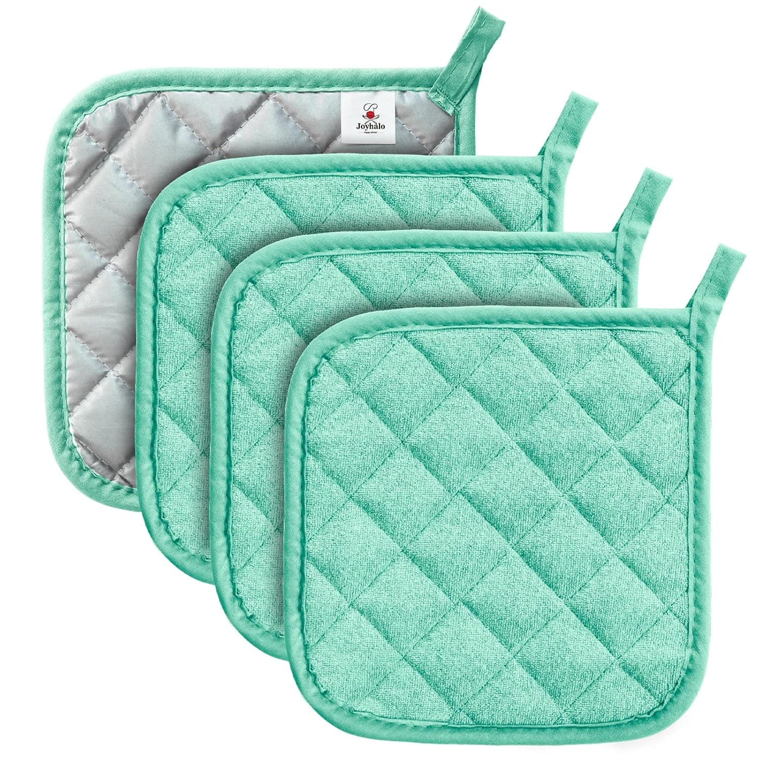 Joyhalo 4 Pack Aqua Pot Holders Set - Cotton, Polyester - Heat Resistant Up to 400°F - Thicker Hot Pads for Kitchen, Oven, Stove | Cotton Oven Holder with Great Heat Resistance, Potholders Sets for Kitchen, Countertops, Hot Pots and Pans, Aqua