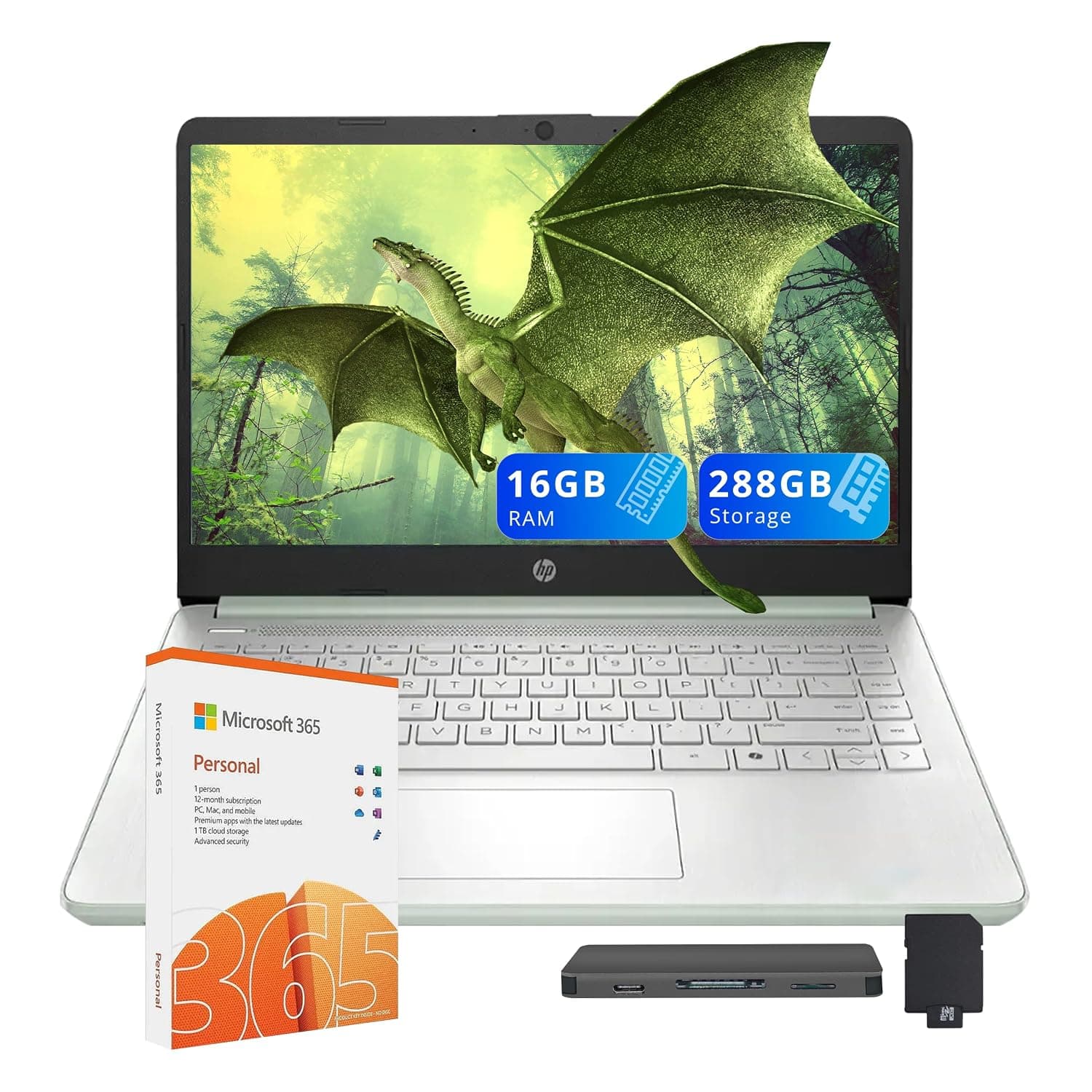 HP Stream 14" HD Laptop, Intel Processor N150, 16GB RAM, 288GB Storage(128GB UFS+160GB Docking Station Set), Intel Graphics, 1 Year Office 365, Copilot, Fast Charge, Wi-Fi 6, Win 11 S, Green