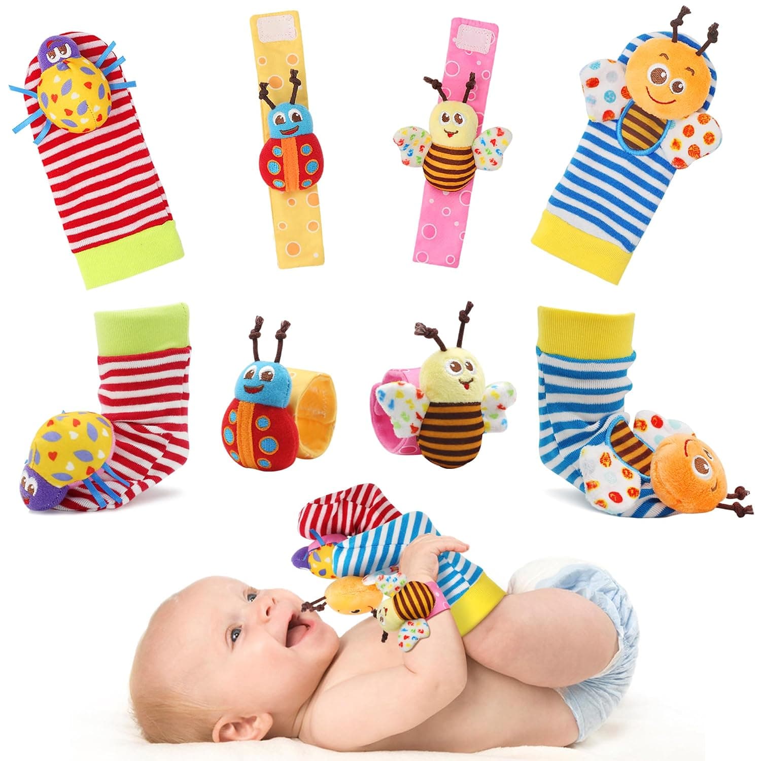 Bloobloomax Baby Rattles Toys for 0-12 Month, Infant Girl Boy Toys for Babies 3-6 Months, Newborn Hand & Foot Toys for 0 to 9 Months, Baby Shower Gifts Set with Wrist Rattle Socks-8PCS