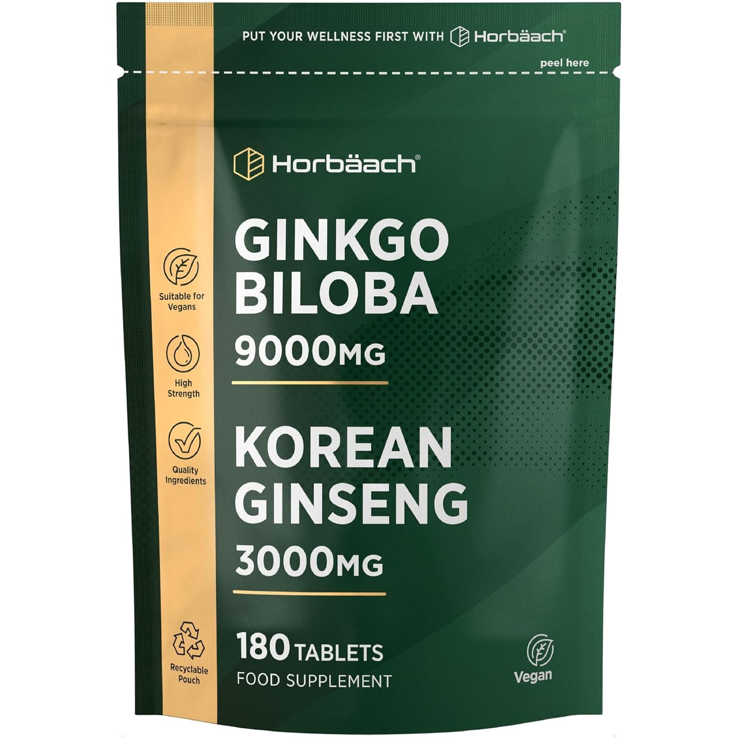 Ginkgo Biloba and Ginseng Tablets | High Strength | Ginkgo 9000mg & Korean Ginseng Root 3000mg | 180 Vegan Tablets | by Horbaach
