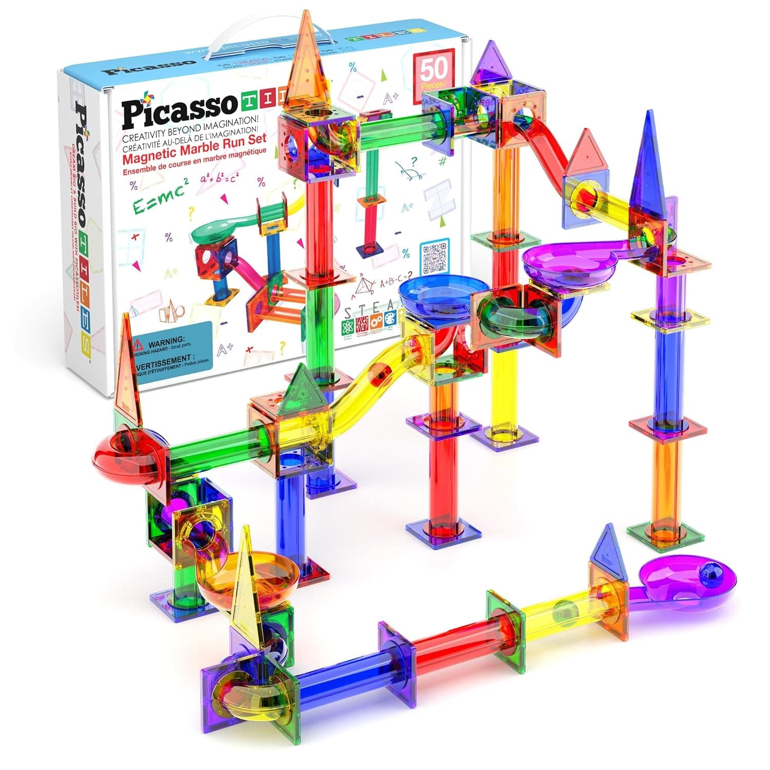 PicassoTiles Marble Run 50-Piece Magnetic Tile Race Track Toy Play Set | STEM Building & Learning, Educational Magnet Construction, Child Brain Development Kit | Boys Girls Age 3 4 5 6 7 8+ Years Old | Sensory ball-drop action, open-ended imaginative play, screen-free hands-on fun, boosts kids hand-eye coordination