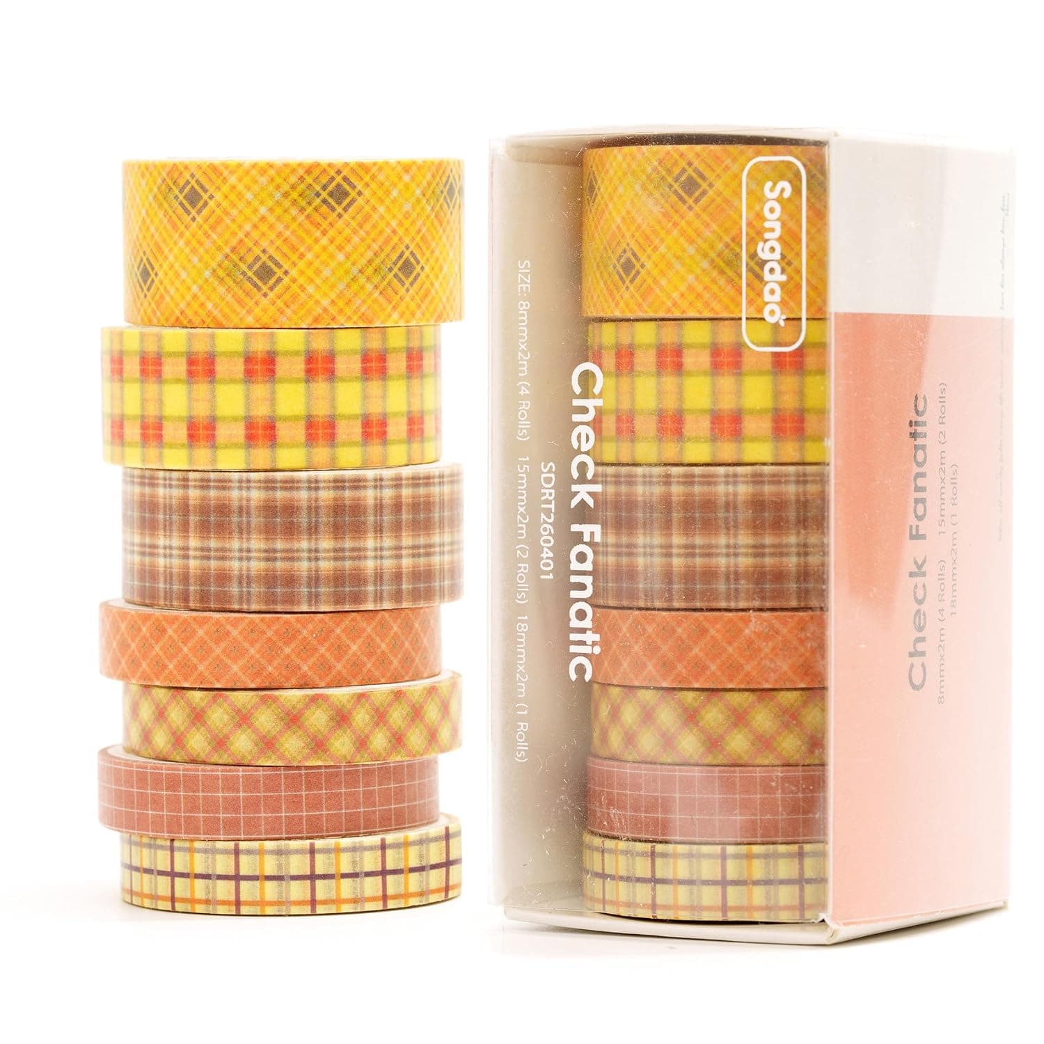 Check Pattern Washi Tape Set - 7 Rolls Grid Patterns Adhesive Tapes Plaid Arts Decorative Masking Tape Sets for Craft, Kids, Scrapbook, DIY, Gift Wrapping (Brown)