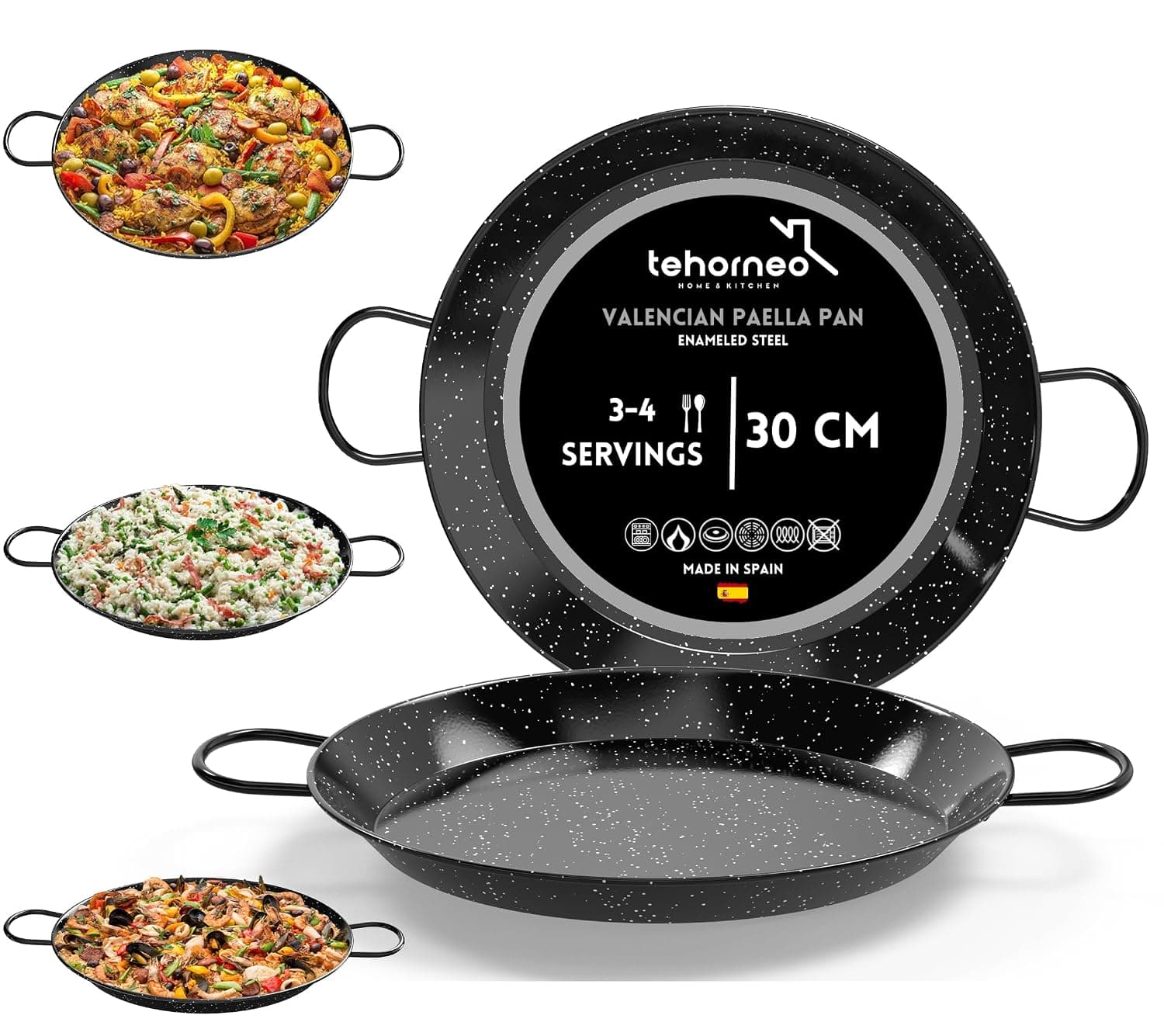 TEHORNEO Paella Pan, Paella 30 cm Enameled Steel 3-4 Servings, Paella Pan for Induction Hob 30 cm, Compatible with Induction Cooktops, Ceramic Hobs, Gas Stoves, Oven and Dishwashers, Made in Spain