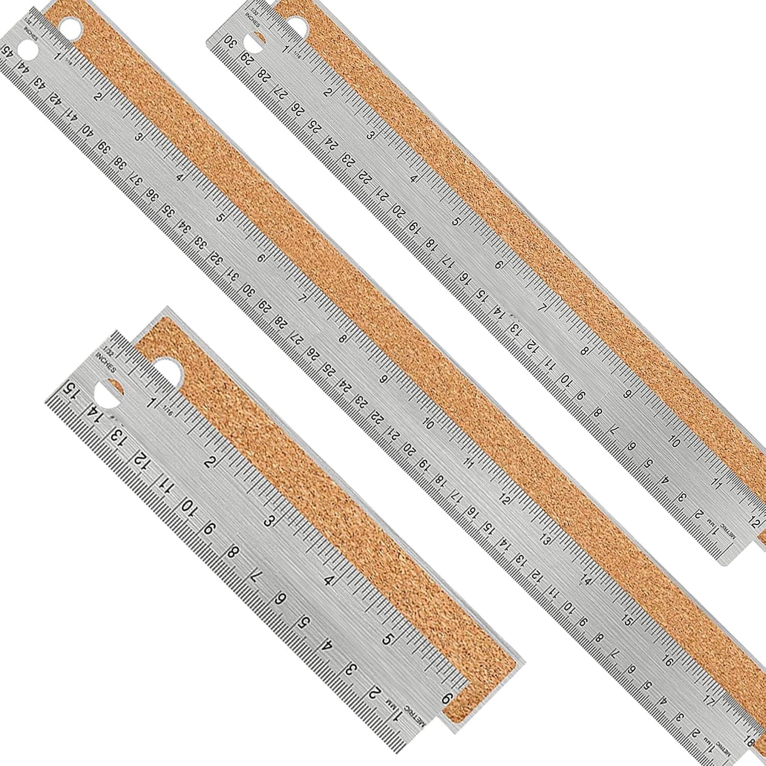 Metal Ruler, 6+12+18 Inch Stainless Steel Metal Ruler with Cork Backing Non-Slip Rulers with Inch and Centimeters Metal Ruler 6 Inch 12 Inch 18inch Drafting Office Tools Prevent Ink Leakage