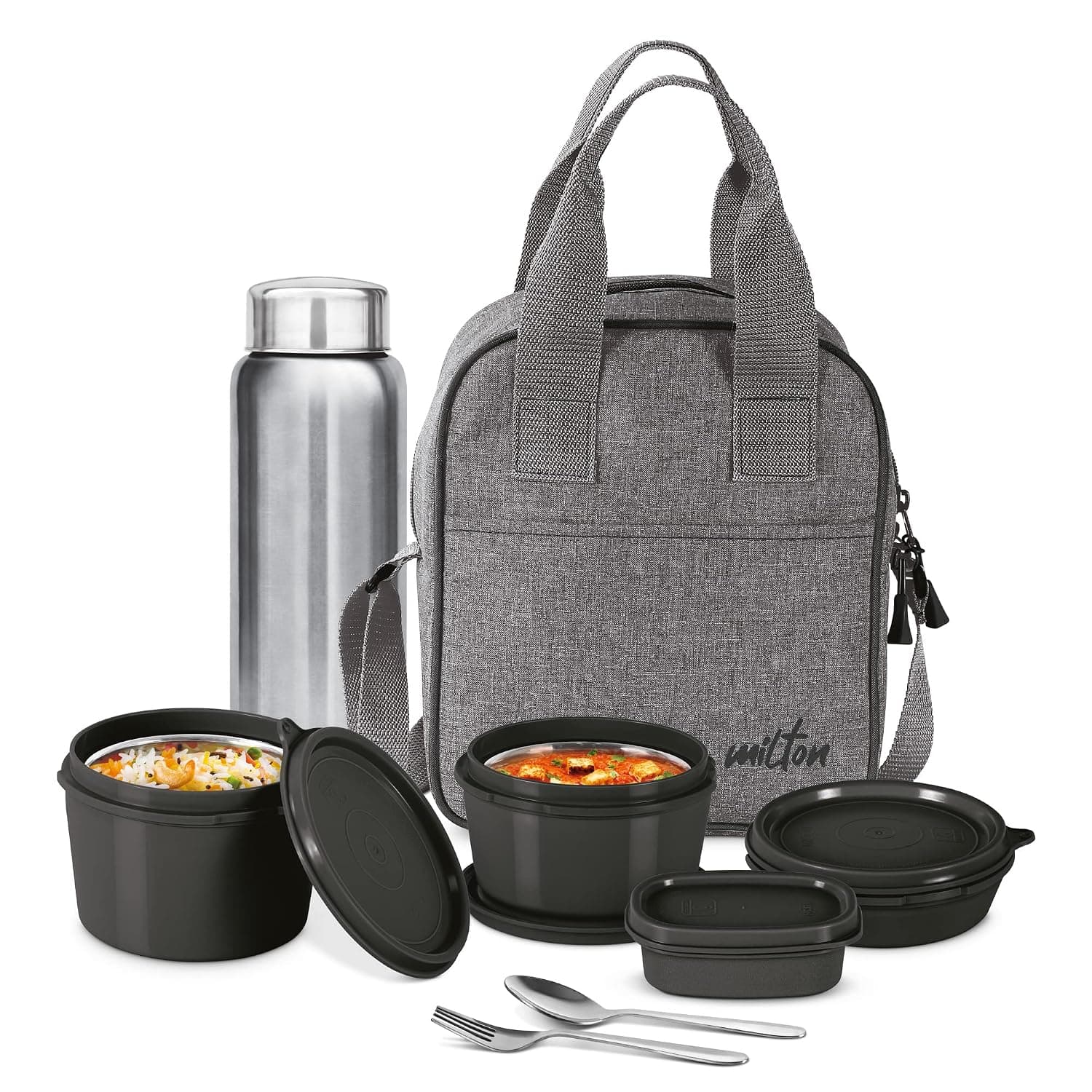 MILTON 8-Piece Lunch Box Set with Insulated Bag & Cutlery - Includes 3 Microwave Safe Inner Steel Food Containers (180ml, 320ml, 450ml), 100ml Plastic Box, 750ml Bottle, Office Tiffin- Savor - Black