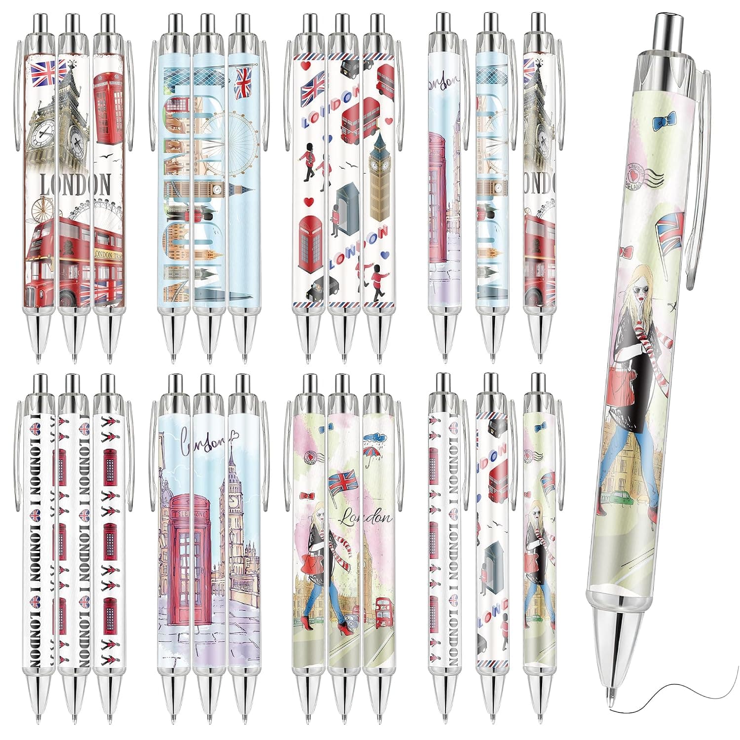 24 Pcs London Ballpoint Pens, British Themed Ballpoint Pens Black Ink in 6 Iconic City Designs, Souvenir Gifts for Travelers Teens Students Women